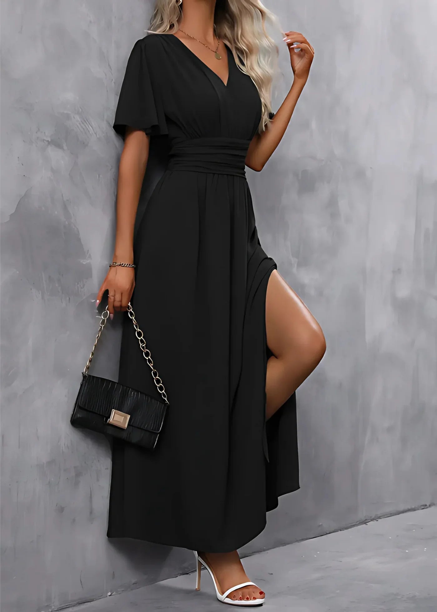 Vestido largo para mujer - escote en V con abertura - cena solemne