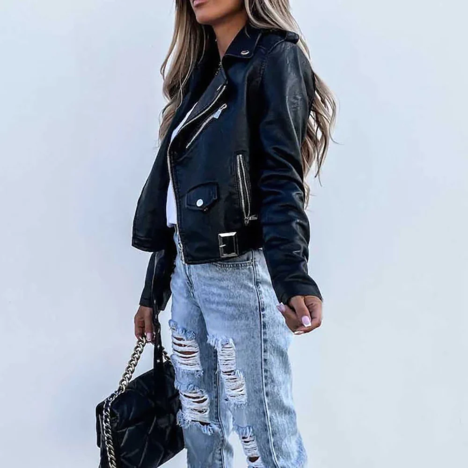 Chaqueta de Cuero para Mujer con Cuello Alto y Cinturón Ajustable