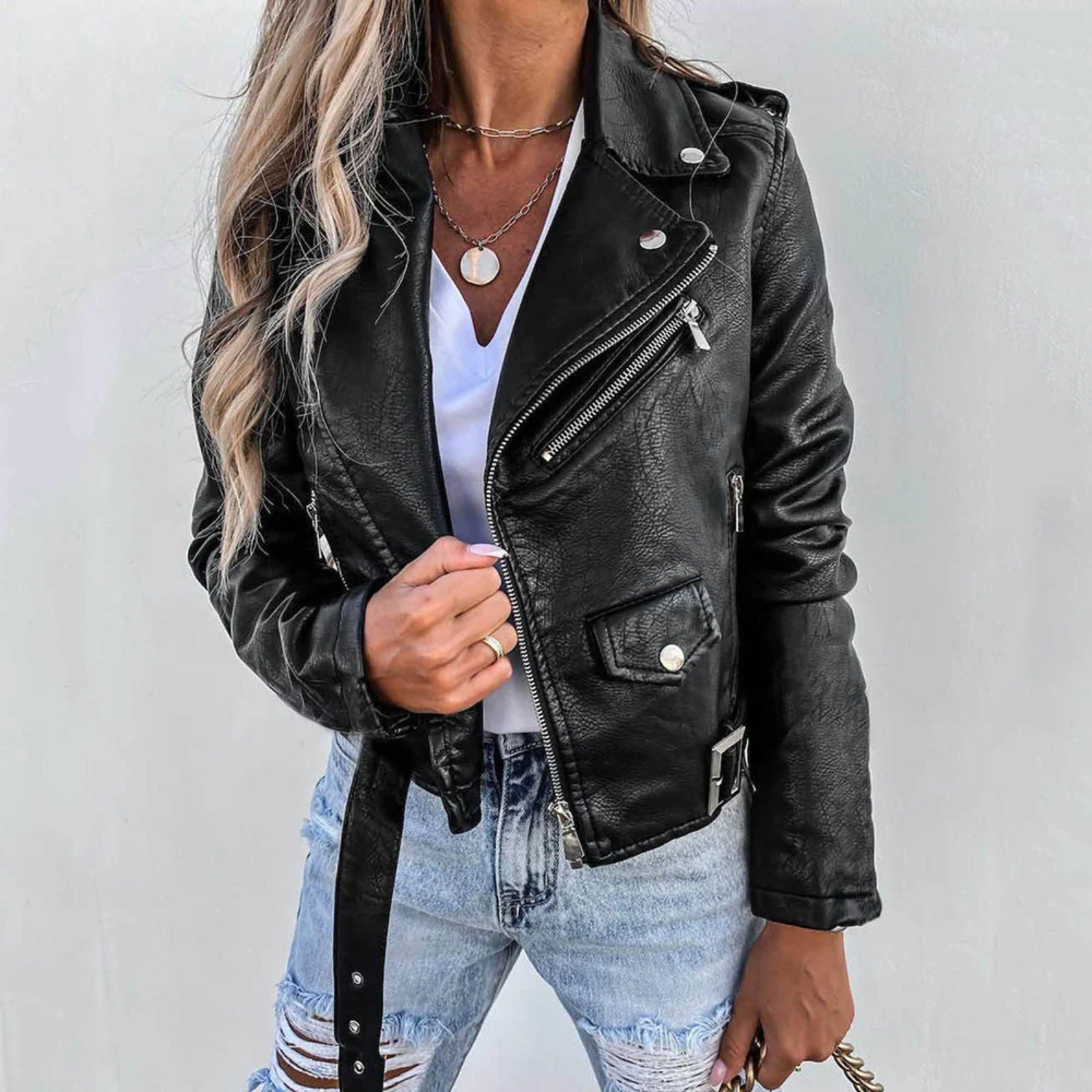 Chaqueta de Cuero para Mujer con Cuello Alto y Cinturón Ajustable