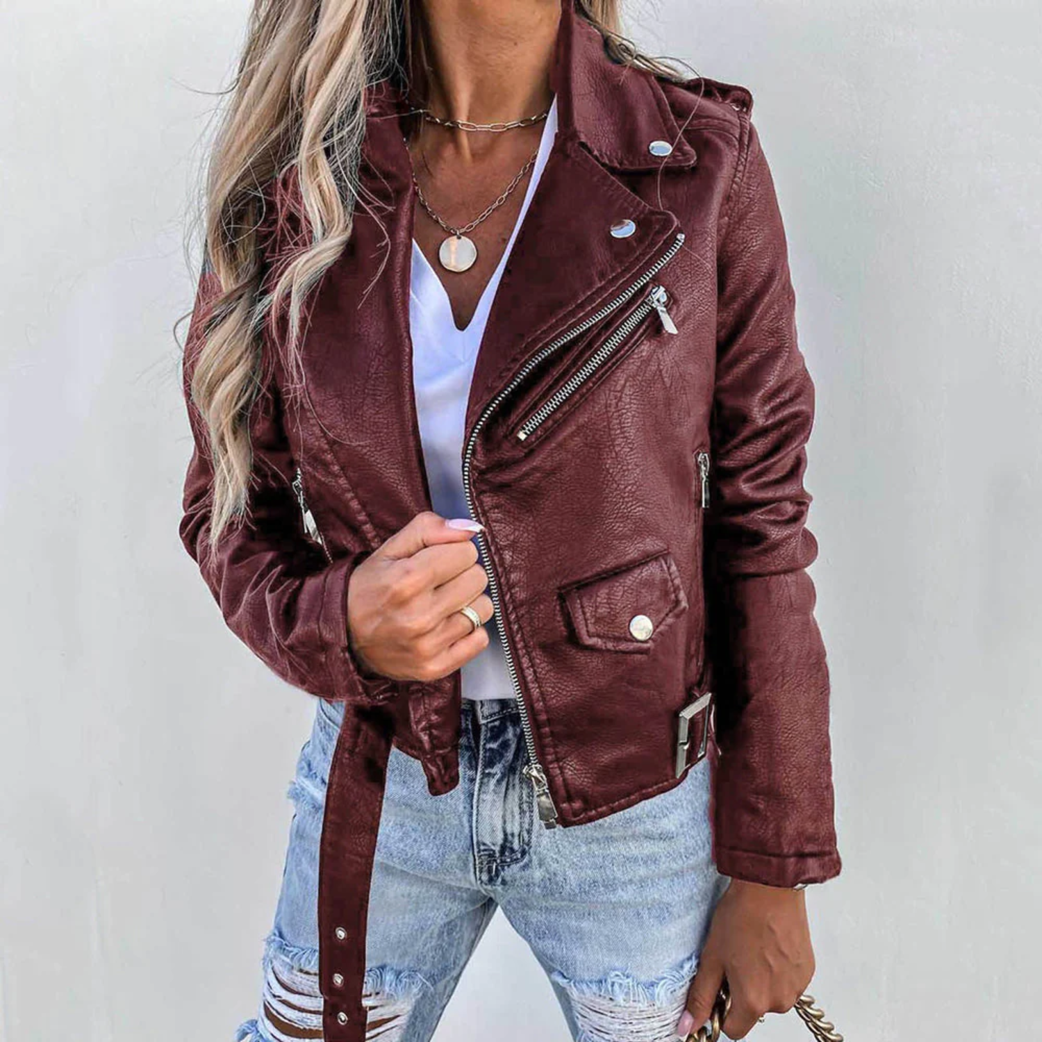 Chaqueta de Cuero para Mujer con Cuello Alto y Cinturón Ajustable