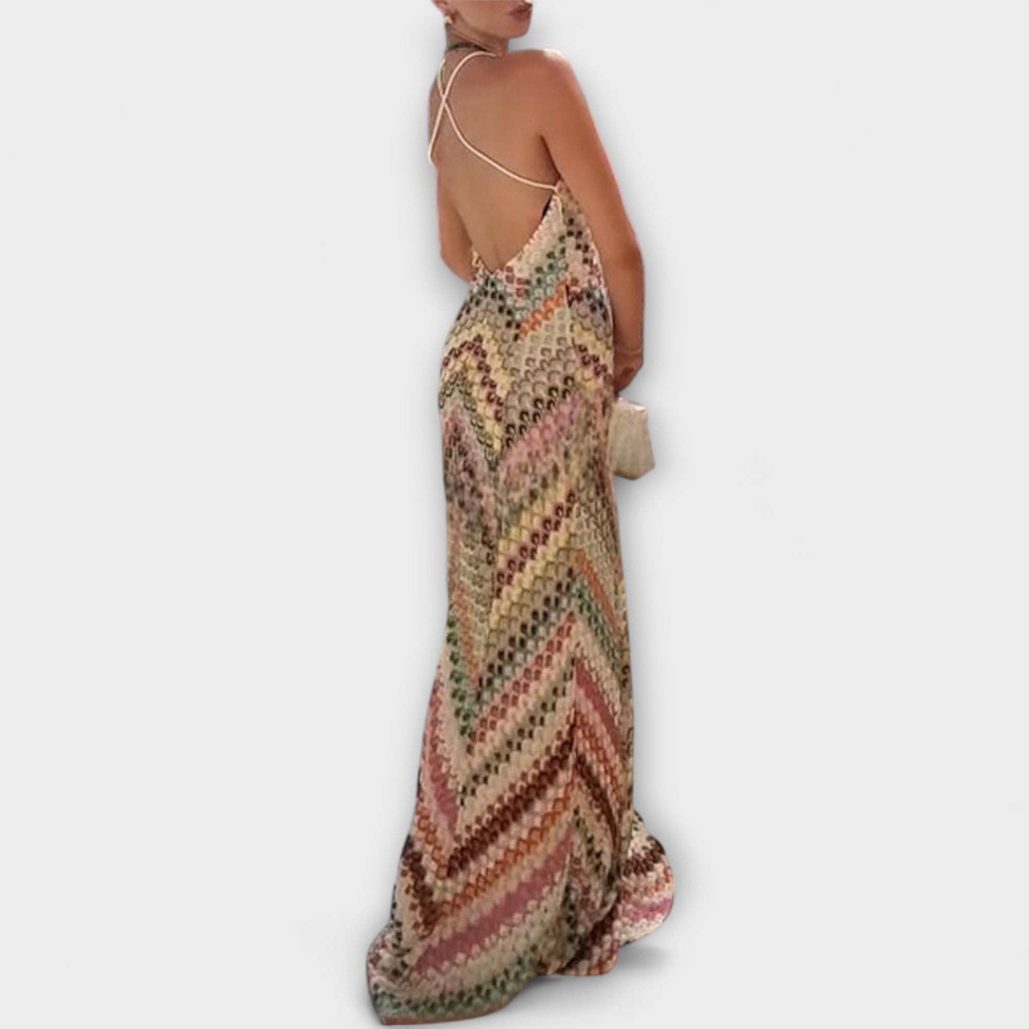 Vestido Largo de Punto con Estampado de Zigzag y Escote en V Profundo