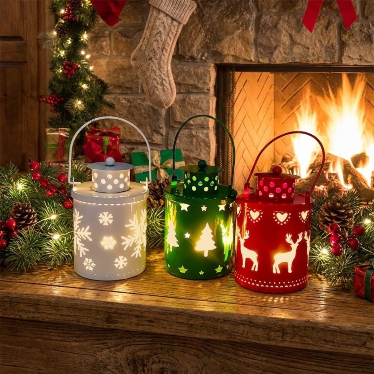 Set de 3 Faroles Decorativos de Metal con Luz LED sin Llama para Interior