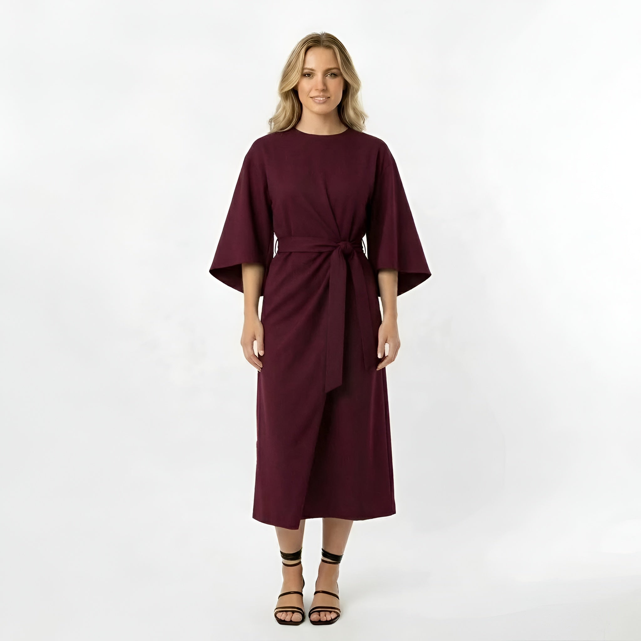 Vestido Midi de Poliéster con Cinturón y Mangas 3/4 de Diseño Cruzado