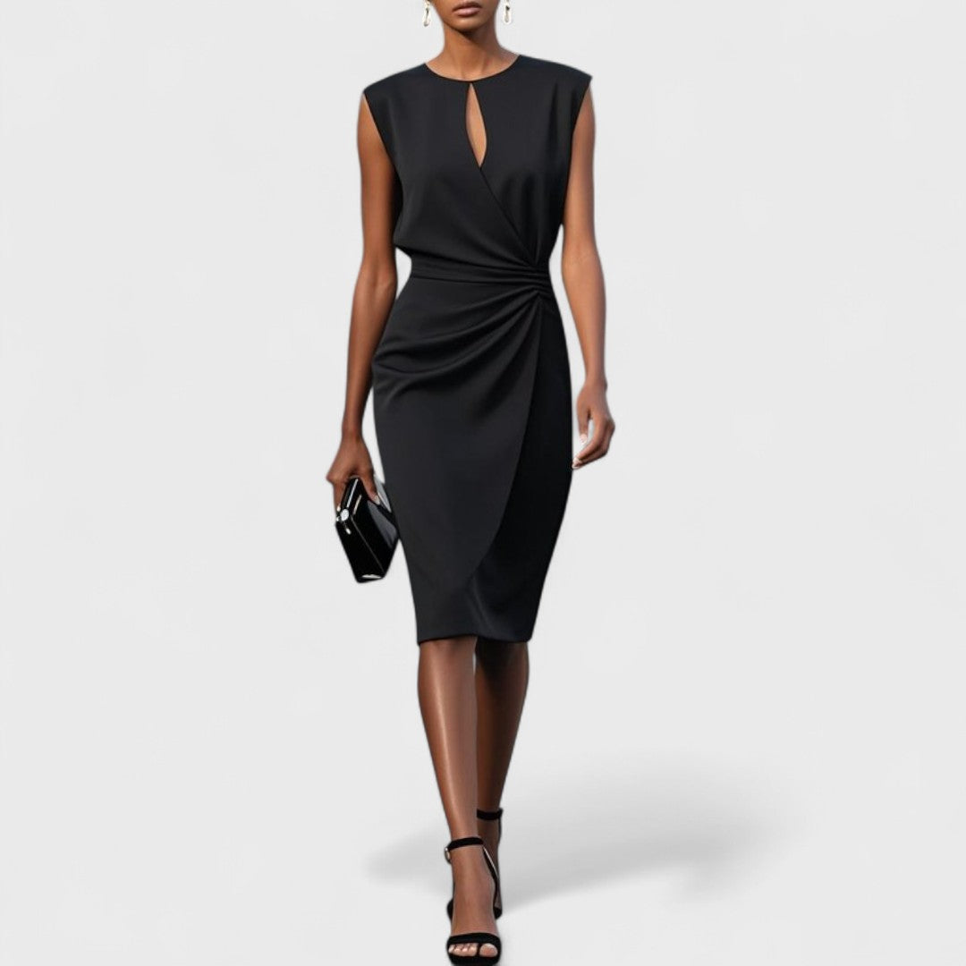 Vestido Midi Cruzado con Pliegues Laterales y Cuello Redondo para Mujer