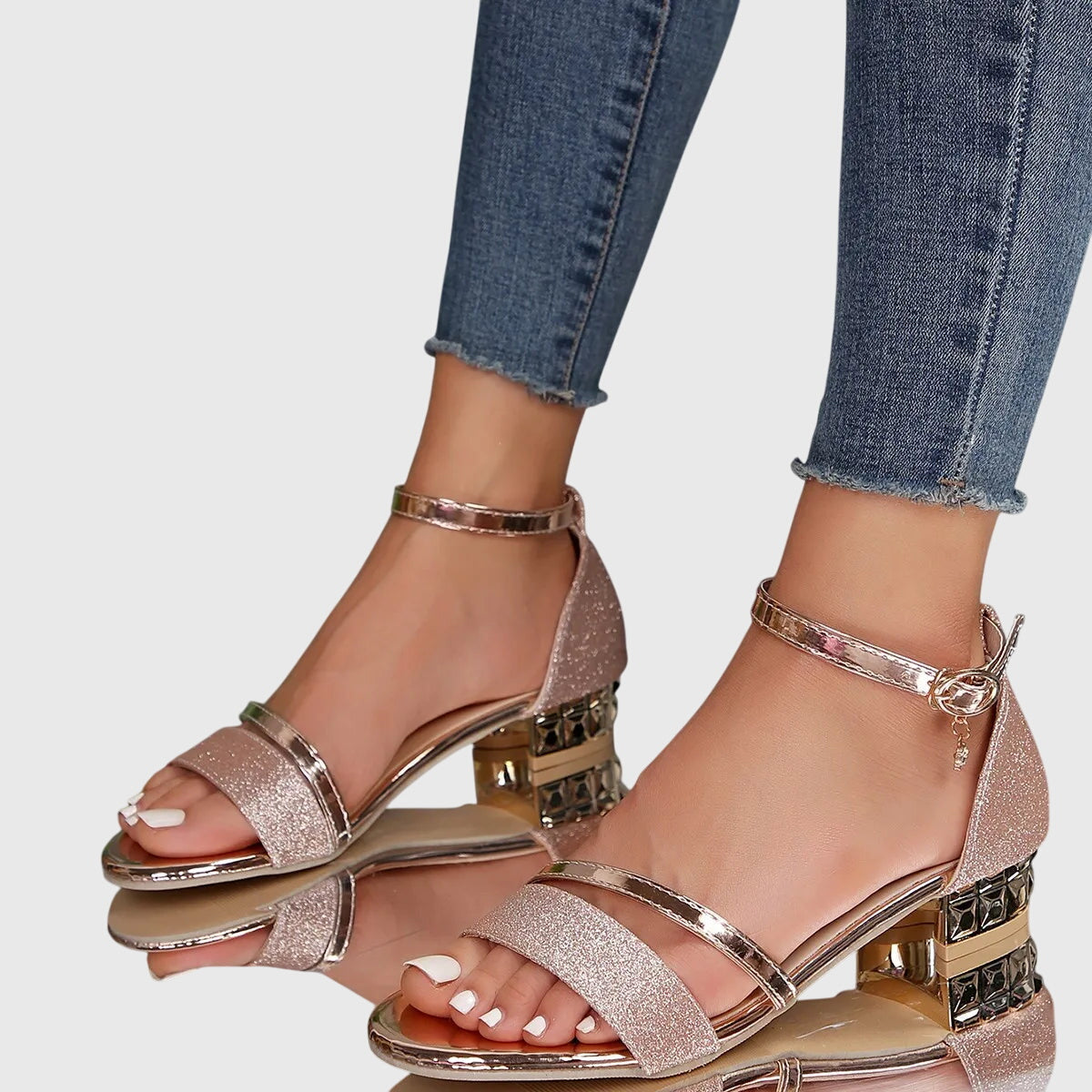 Sandalias de Tacón Bloque Bajo para Mujer Zapatos de Vestir con Hebilla al Tobillo
