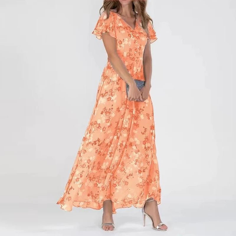 Vestido Largo Estampado de Mujer con Escote en V y Forro Interior Corto