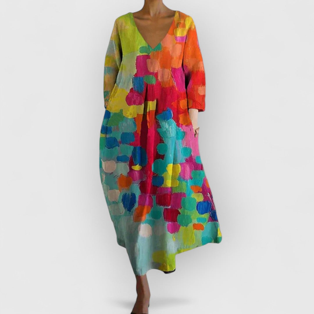 Vestido Largo para Mujer con Cuello en V y Estampado de Manchas de Pintura Arte