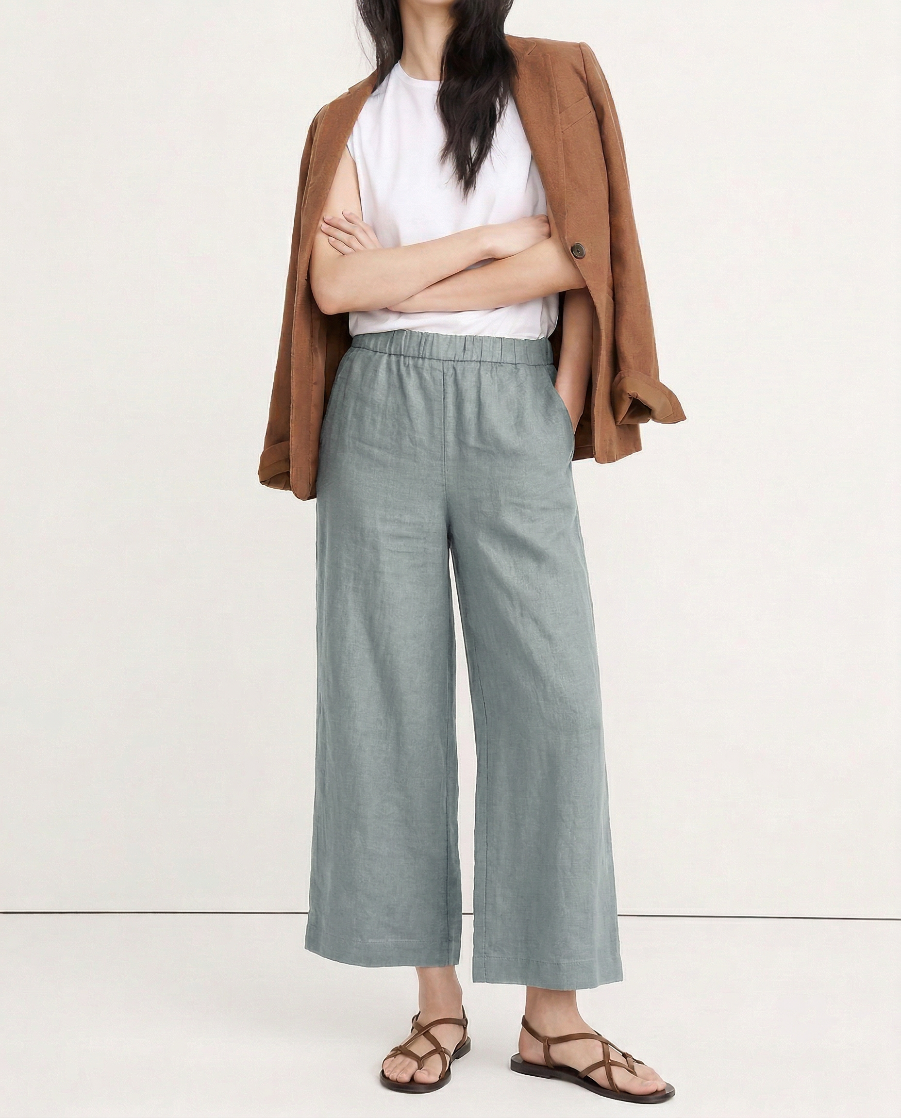 Pantalones de Lino de Pierna Ancha con Cintura Alta y Elástica para Mujer