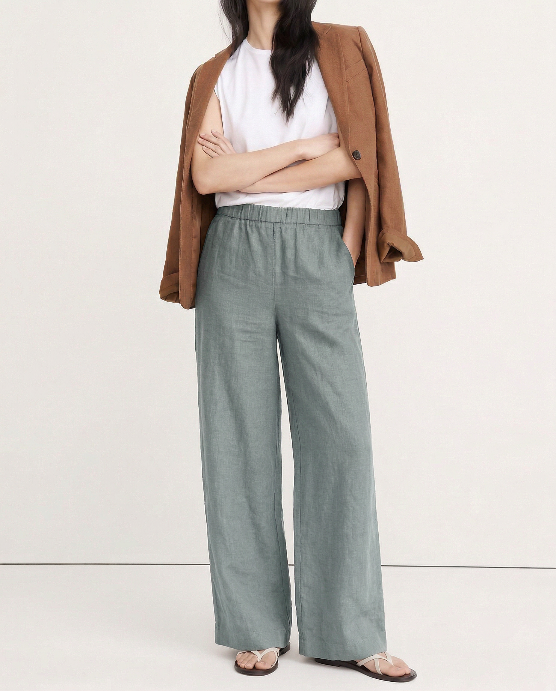 Pantalones de Lino de Pierna Ancha con Cintura Alta y Elástica para Mujer