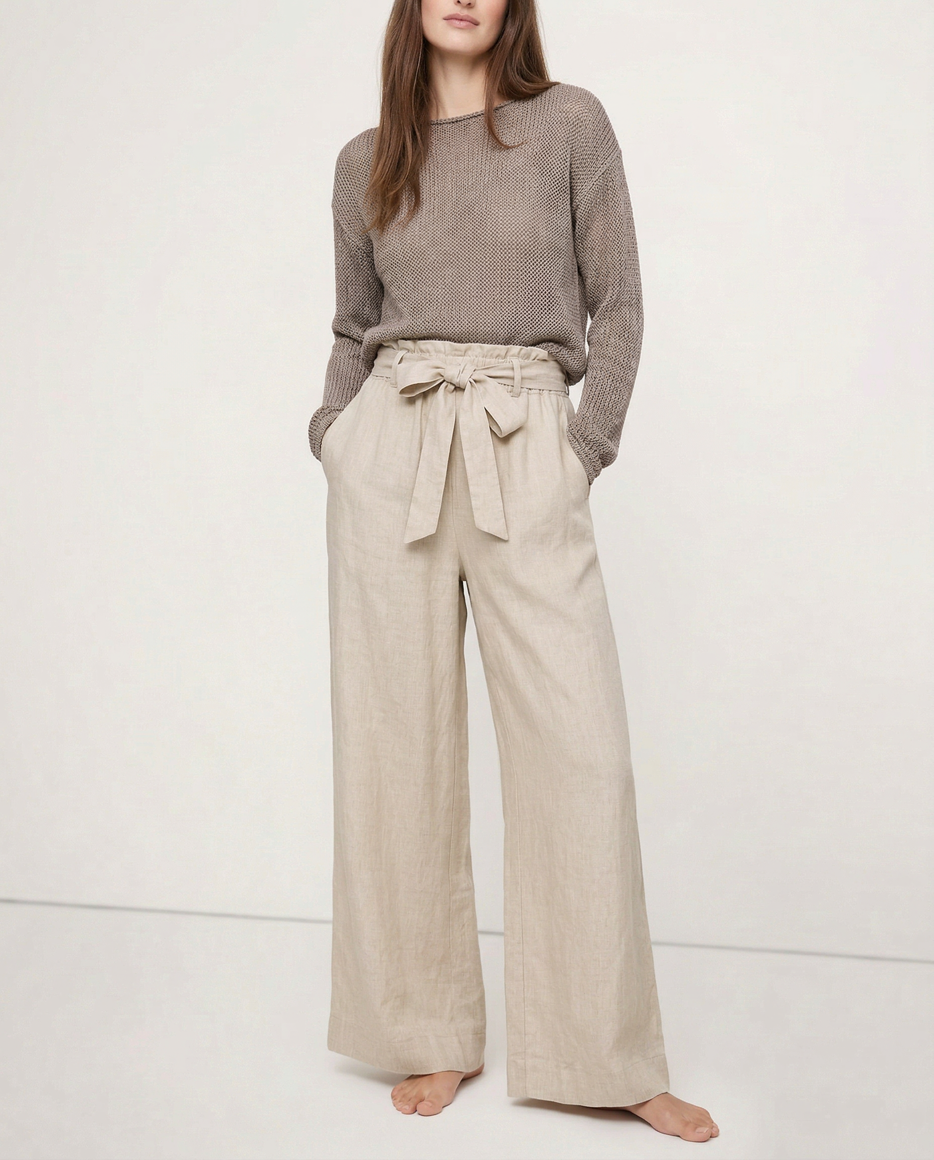 Pantalones de Lino para Mujer de Pierna Ancha con Cintura Elástica y Lazo
