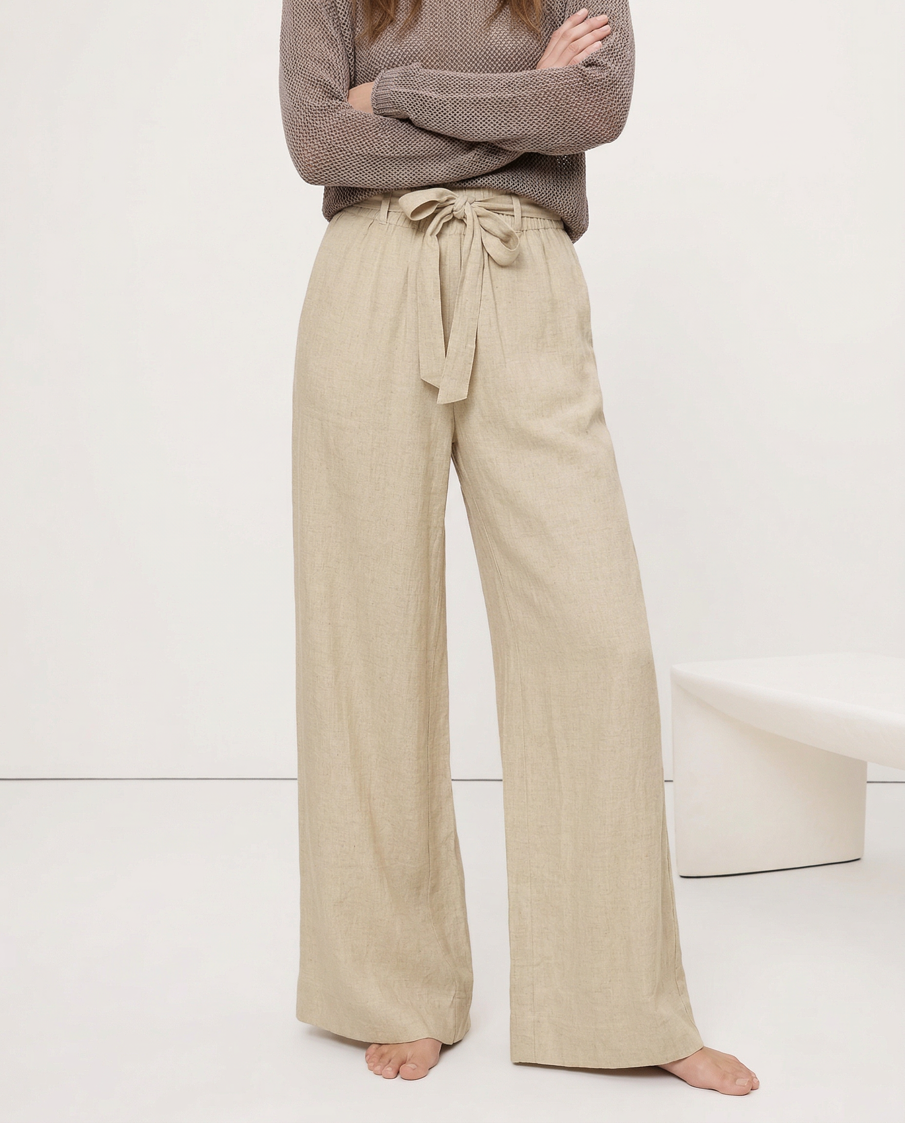 Pantalones de Lino para Mujer de Pierna Ancha con Cintura Elástica y Lazo