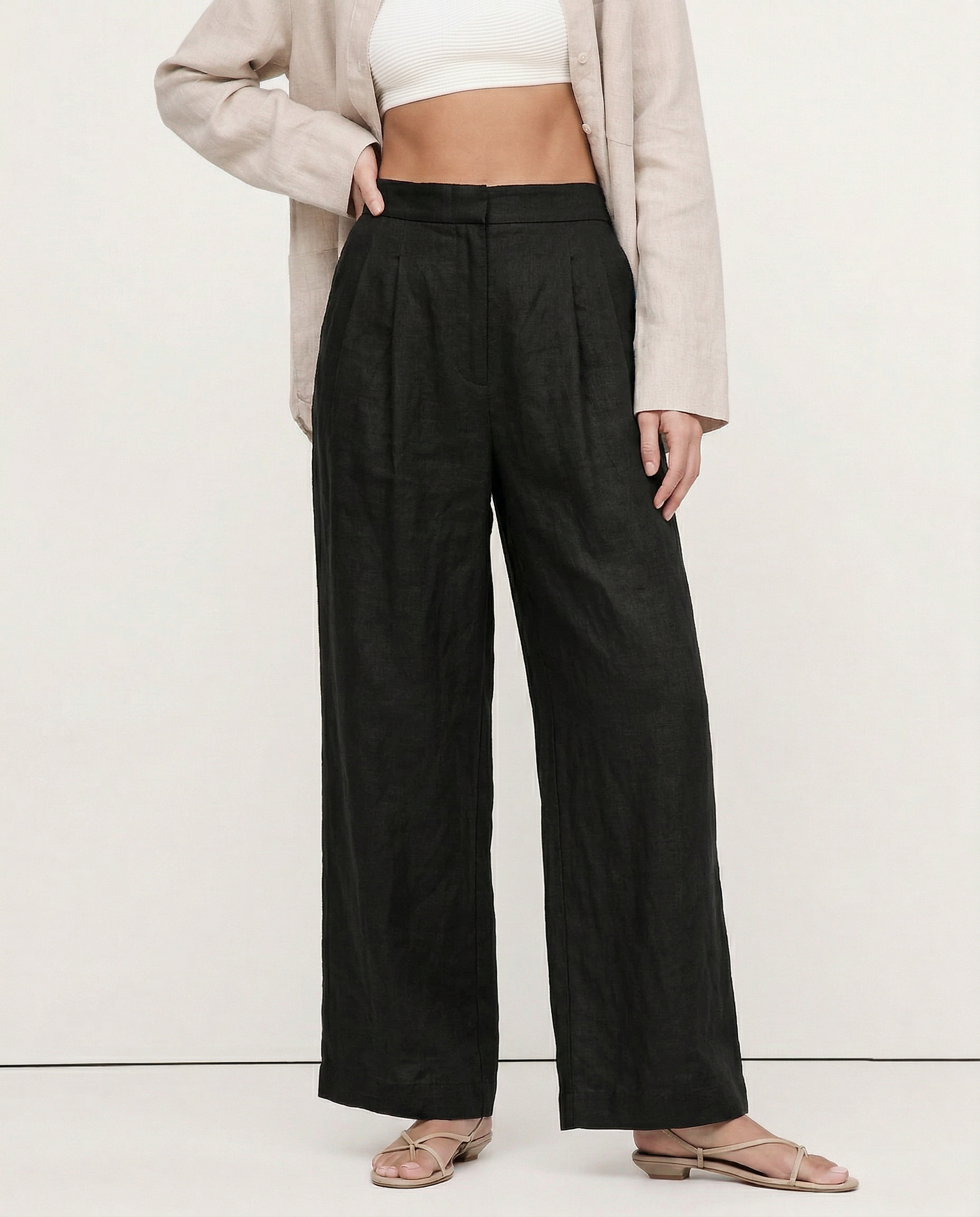 Pantalones de Lino de Pierna Ancha con Cintura Alta y Elástica para Mujer