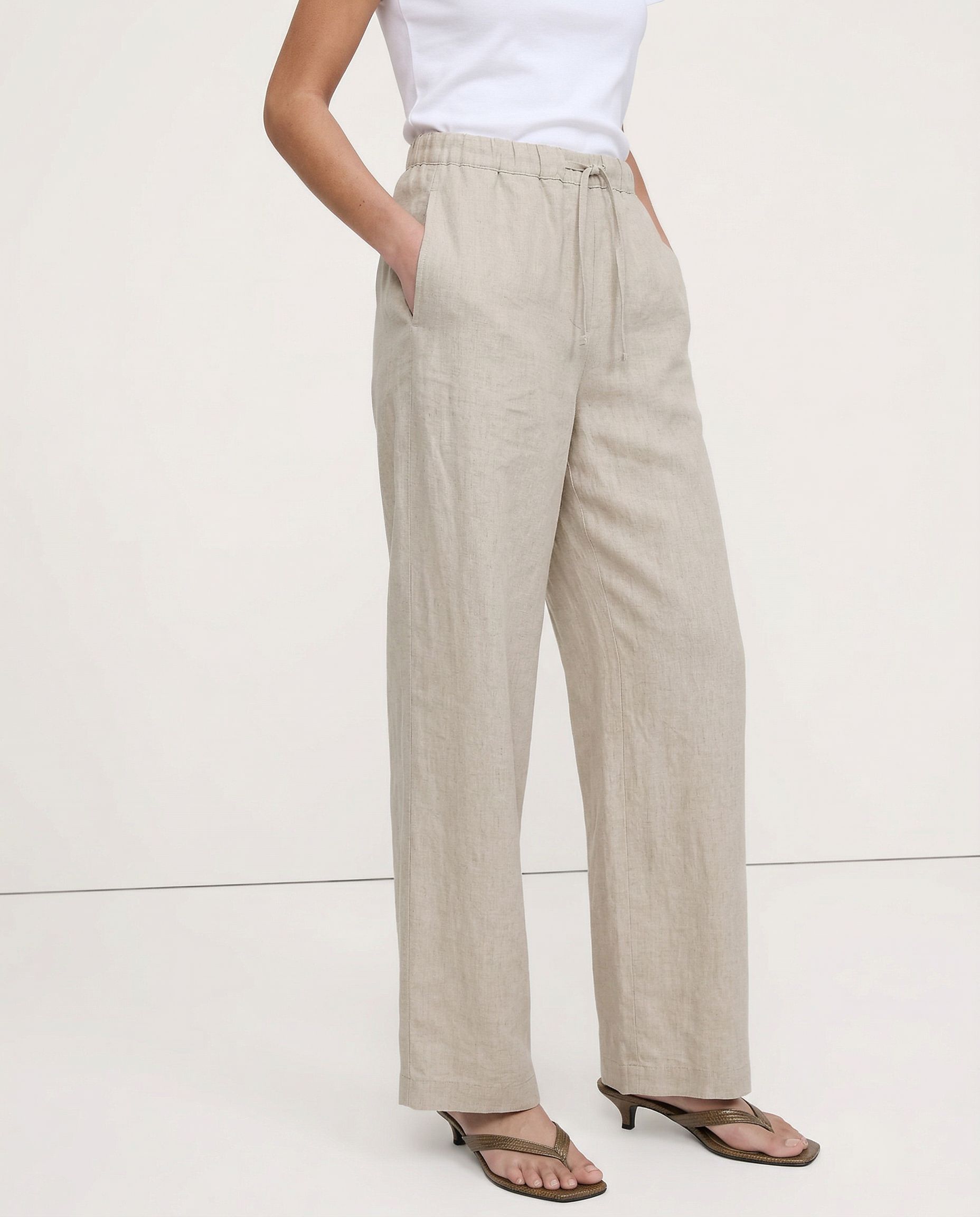 Pantalones de Playa para Mujer de Pierna Ancha en Mezcla de Lino y Algodón