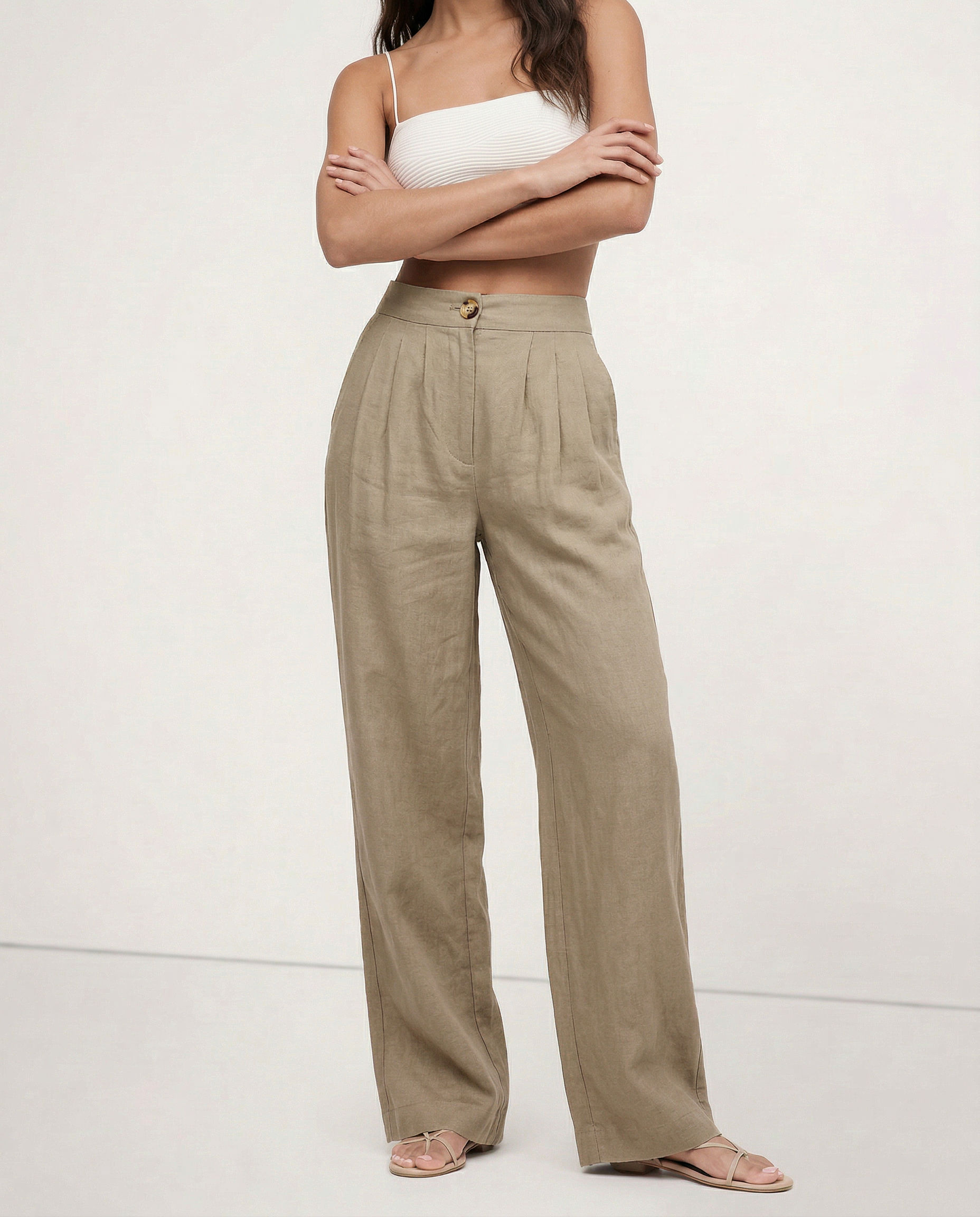 Culottes de Lino para Mujer con Talle Alto y Pliegues Frontales