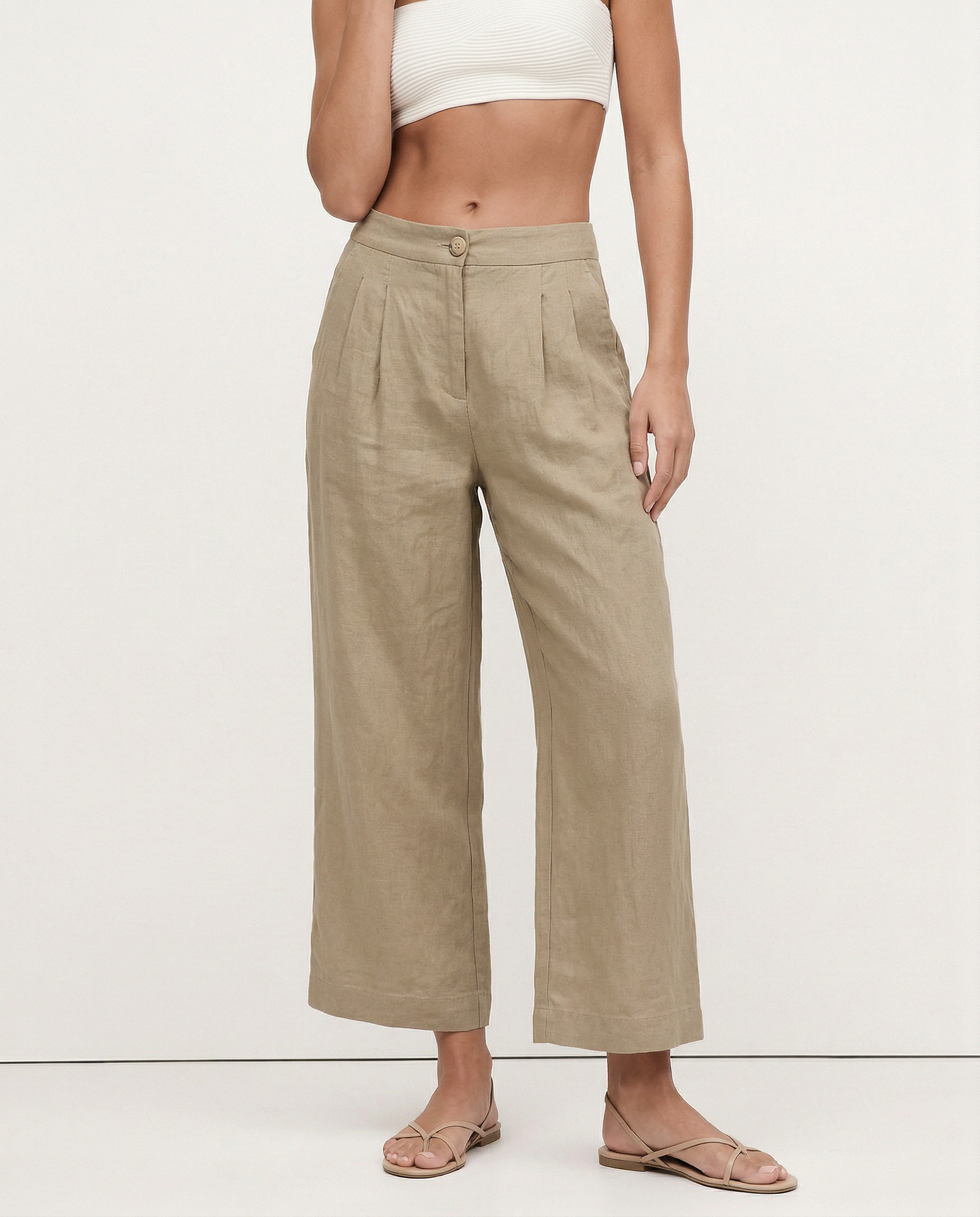 Culottes de Lino para Mujer con Talle Alto y Pliegues Frontales