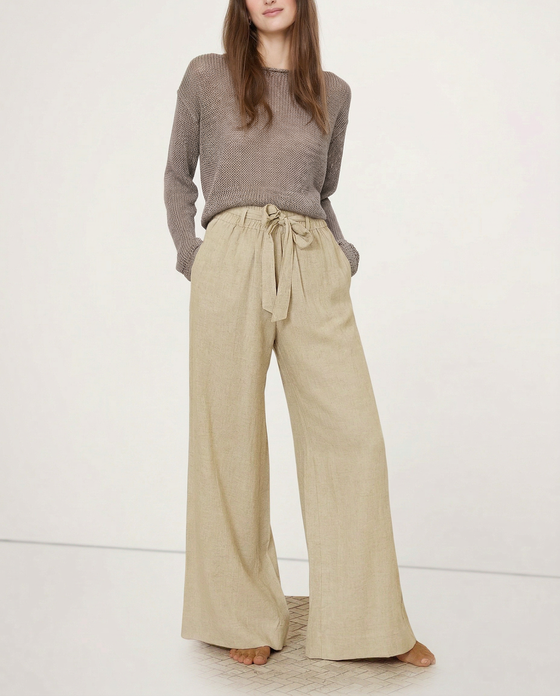 Pantalones de Lino para Mujer de Pierna Ancha con Cintura Elástica y Lazo