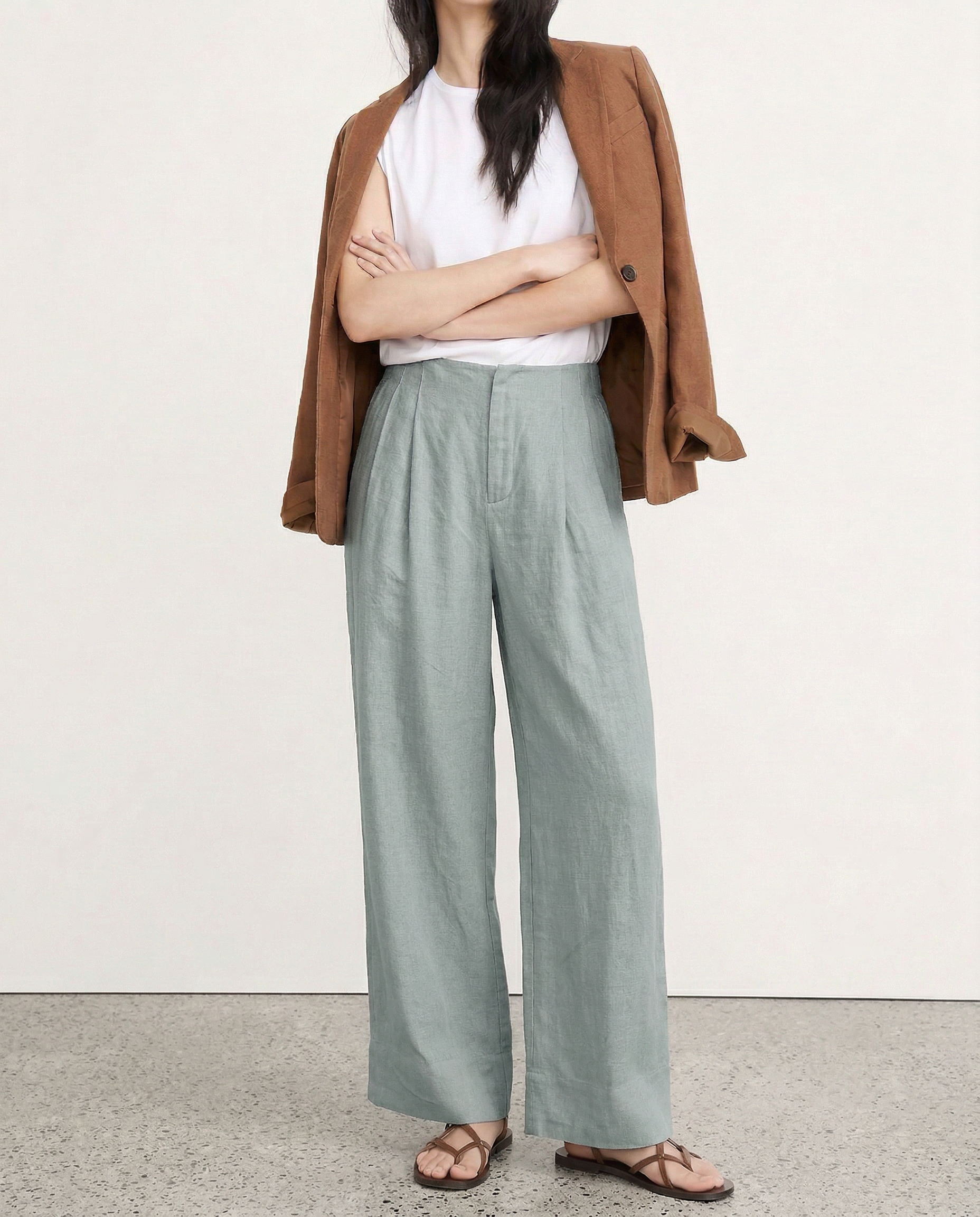 Pantalones de Lino de Pierna Ancha con Cintura Alta y Elástica para Mujer