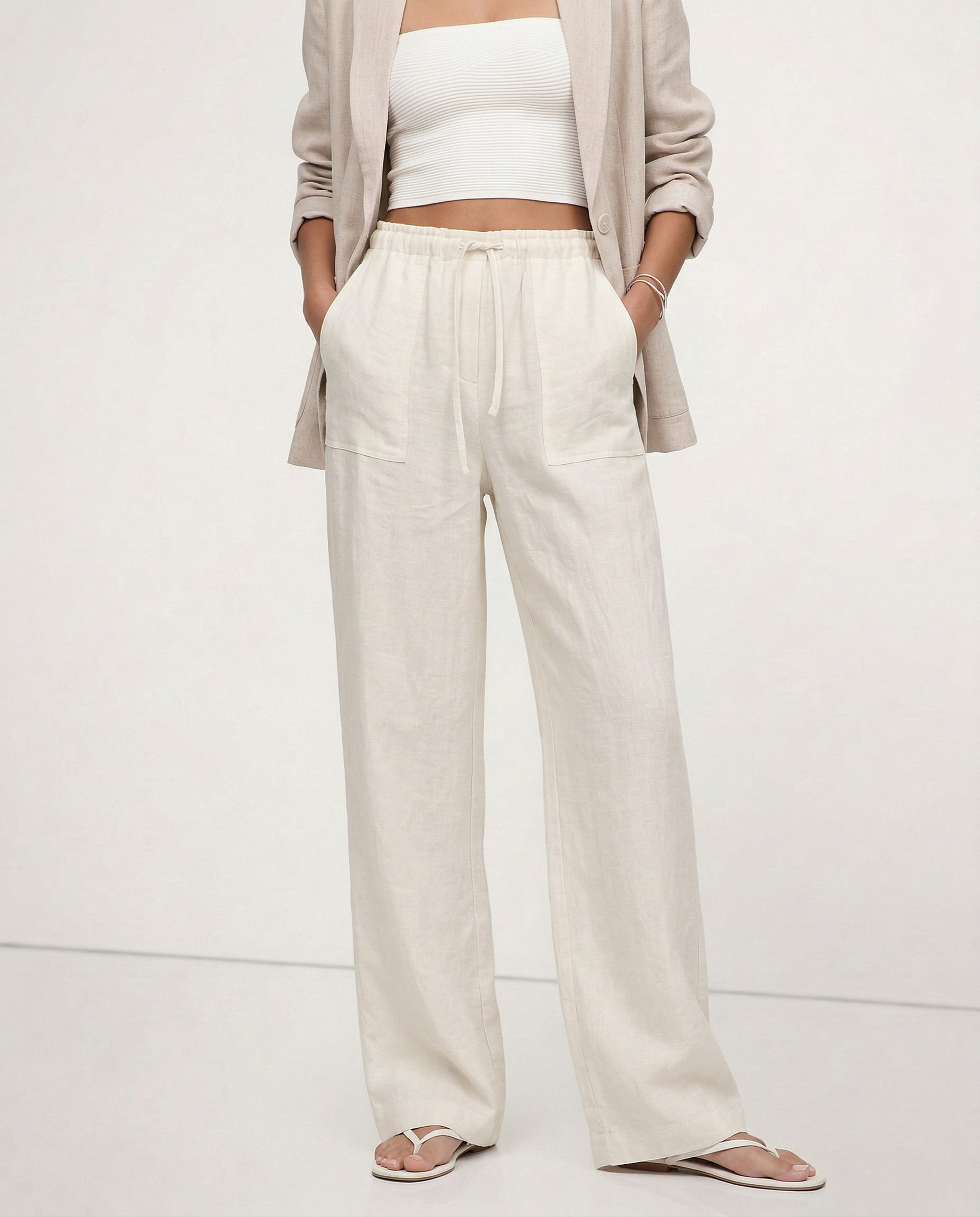 Pantalones de Lino para Mujer con Cordón Ajustable y Bolsillos de Parche