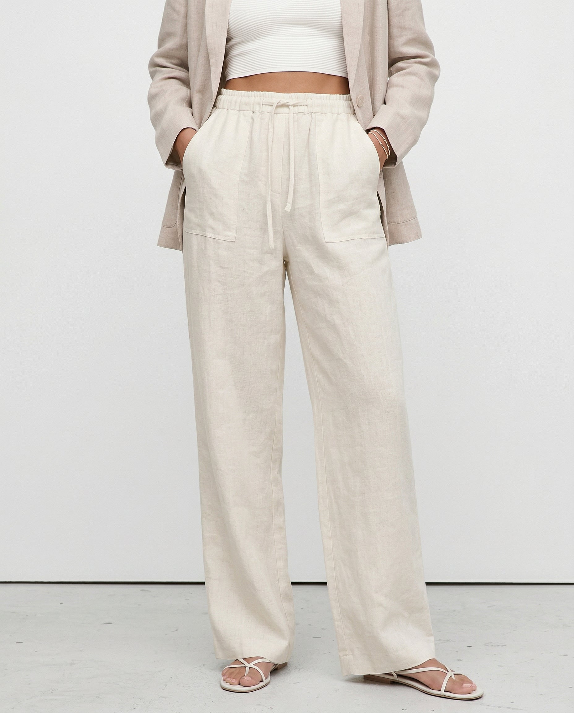Pantalones de Lino para Mujer con Cordón Ajustable y Bolsillos de Parche
