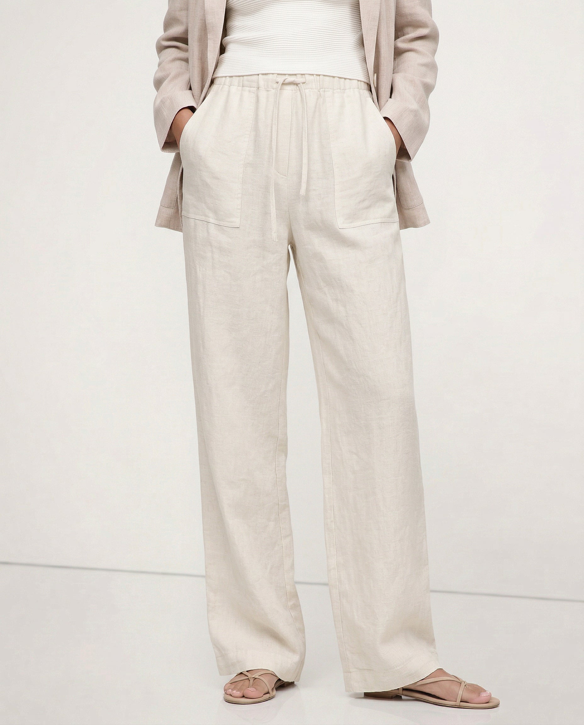 Pantalones de Lino para Mujer con Cordón Ajustable y Bolsillos de Parche