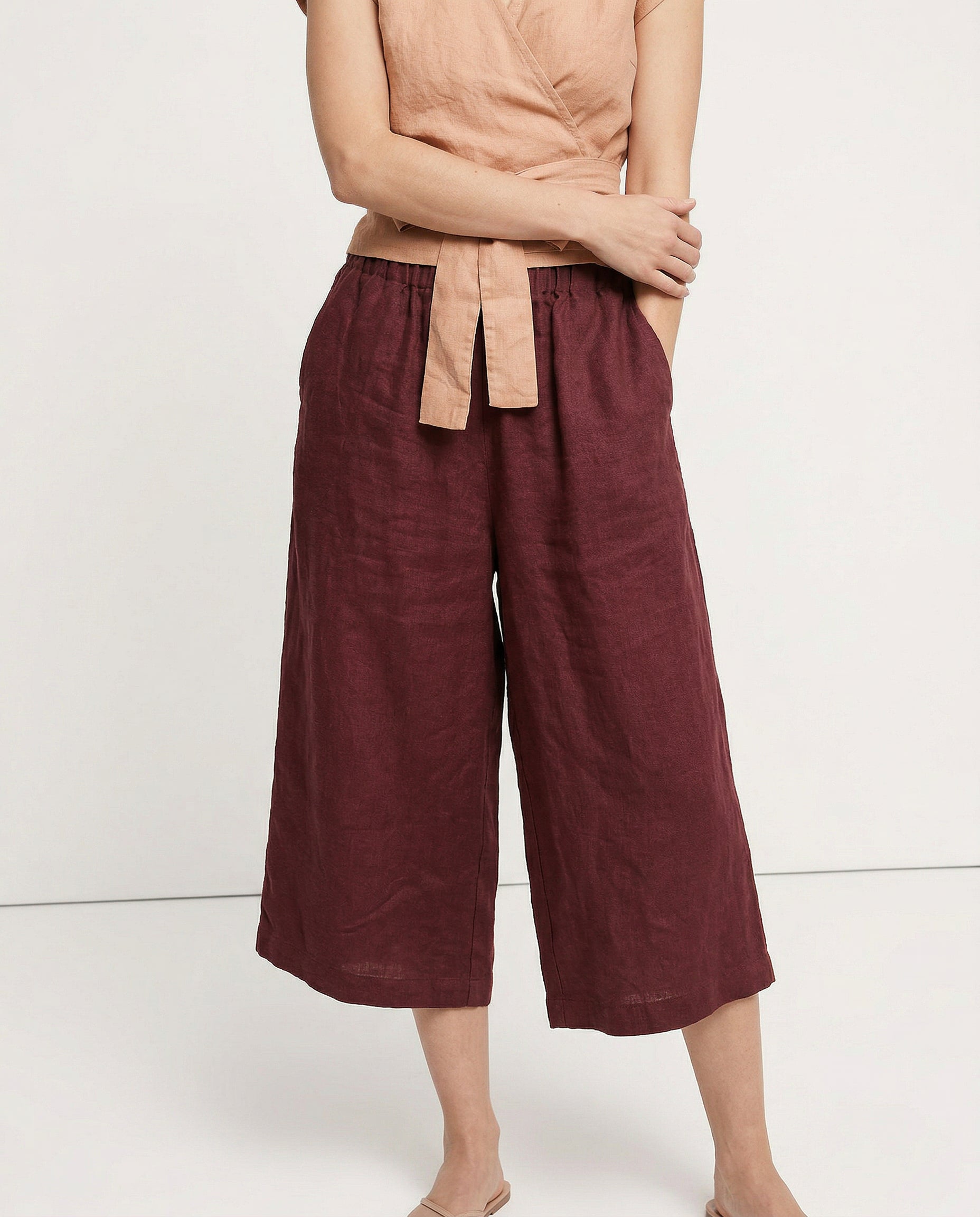 Pantalones de Lino para Mujer de Pierna Ancha con Cintura Elástica y Corte al Tobillo