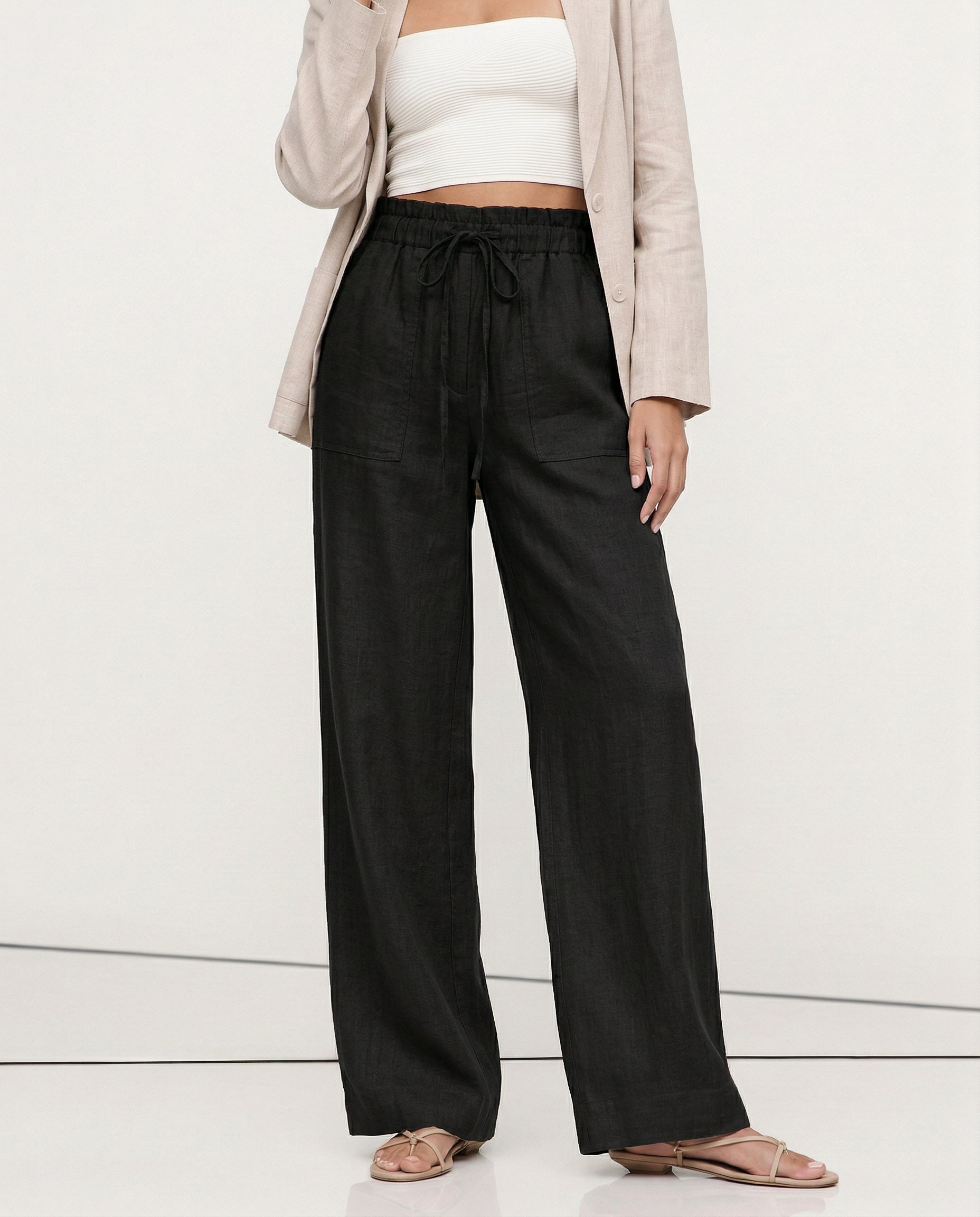 Pantalones de Lino para Mujer con Cordón Ajustable y Bolsillos de Parche