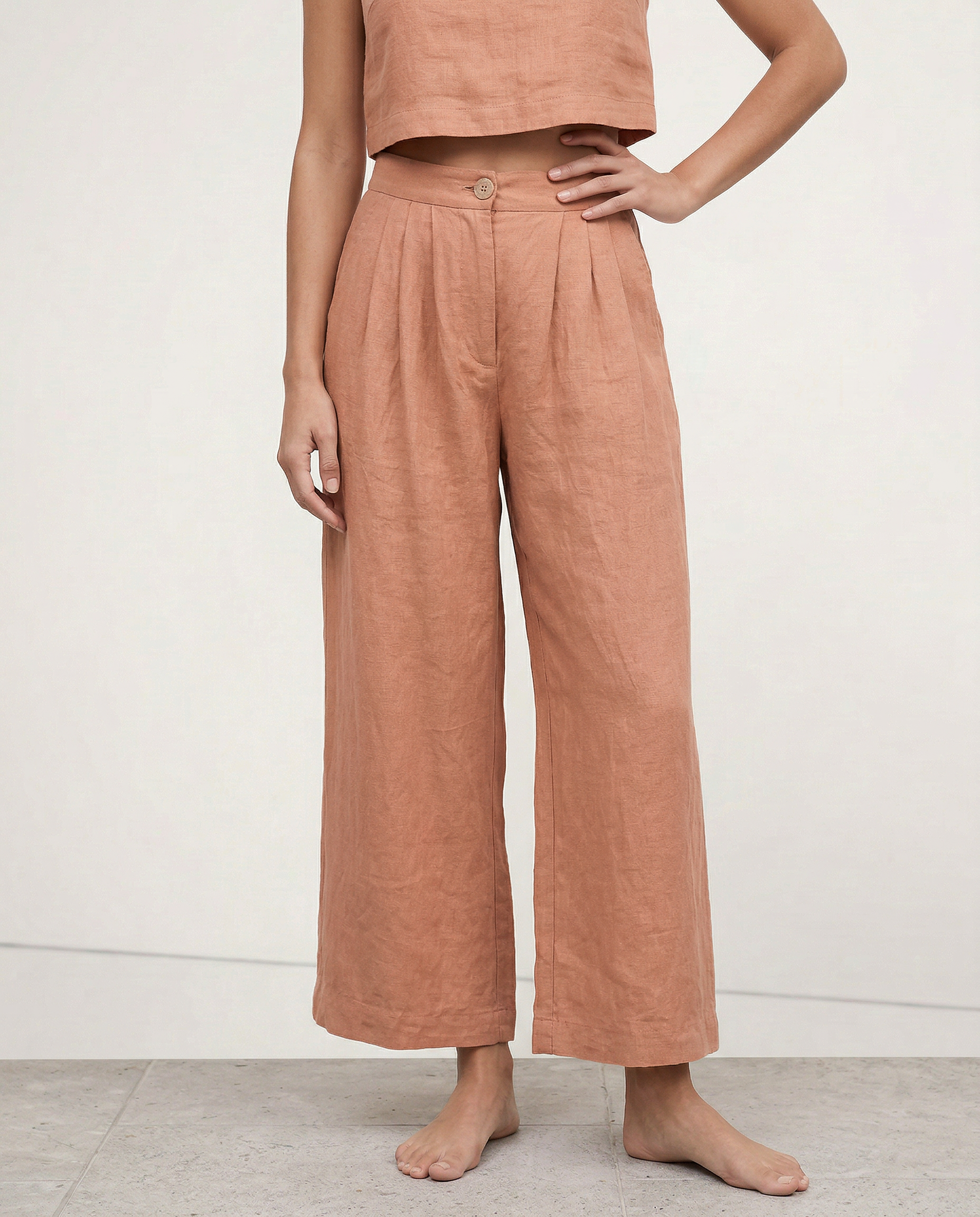 Culottes de Lino para Mujer con Talle Alto y Pliegues Frontales