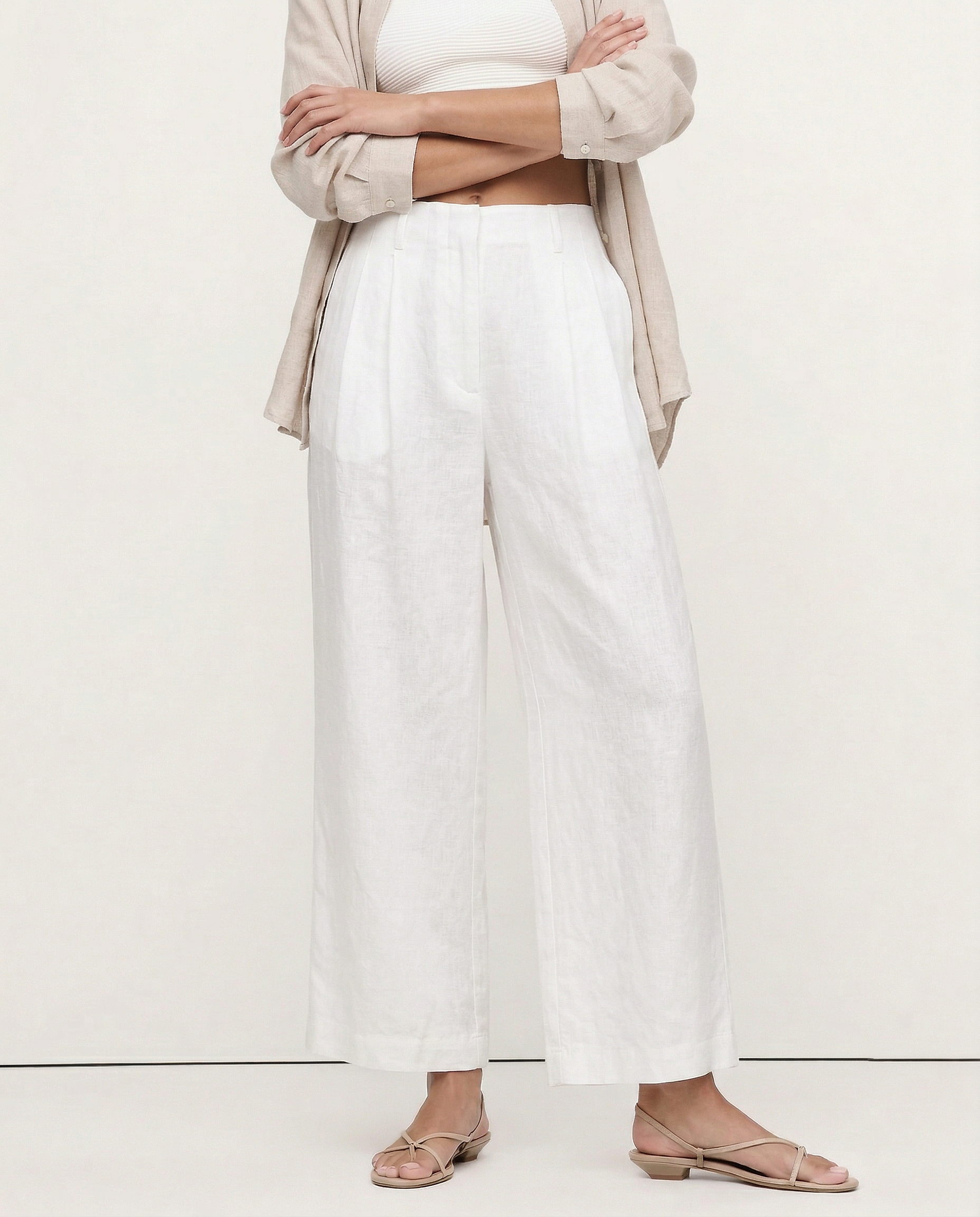 Pantalones de Lino de Pierna Ancha con Cintura Alta y Elástica para Mujer