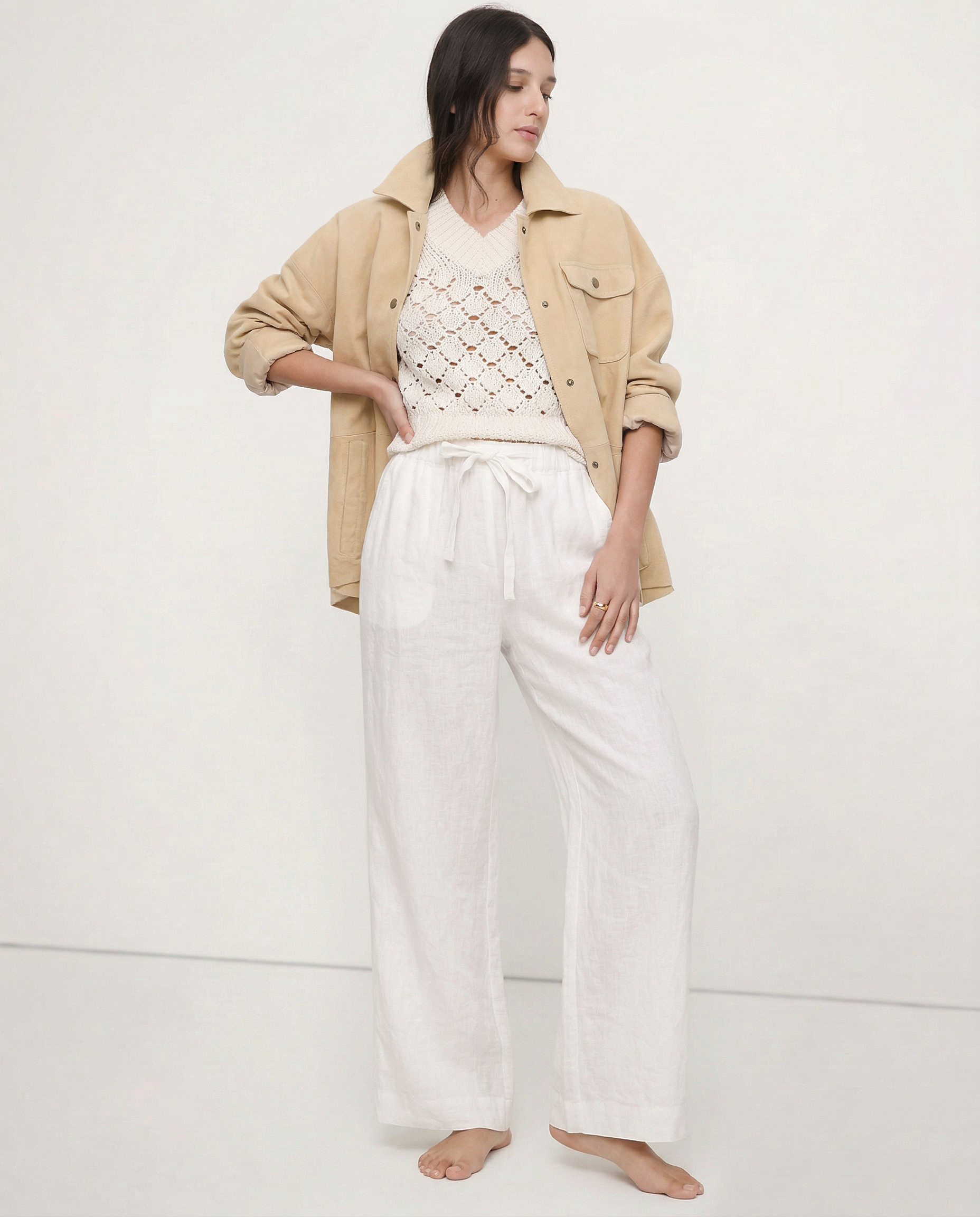 Pantalones de Lino para Mujer de Pierna Ancha con Cintura Elástica y Lazo