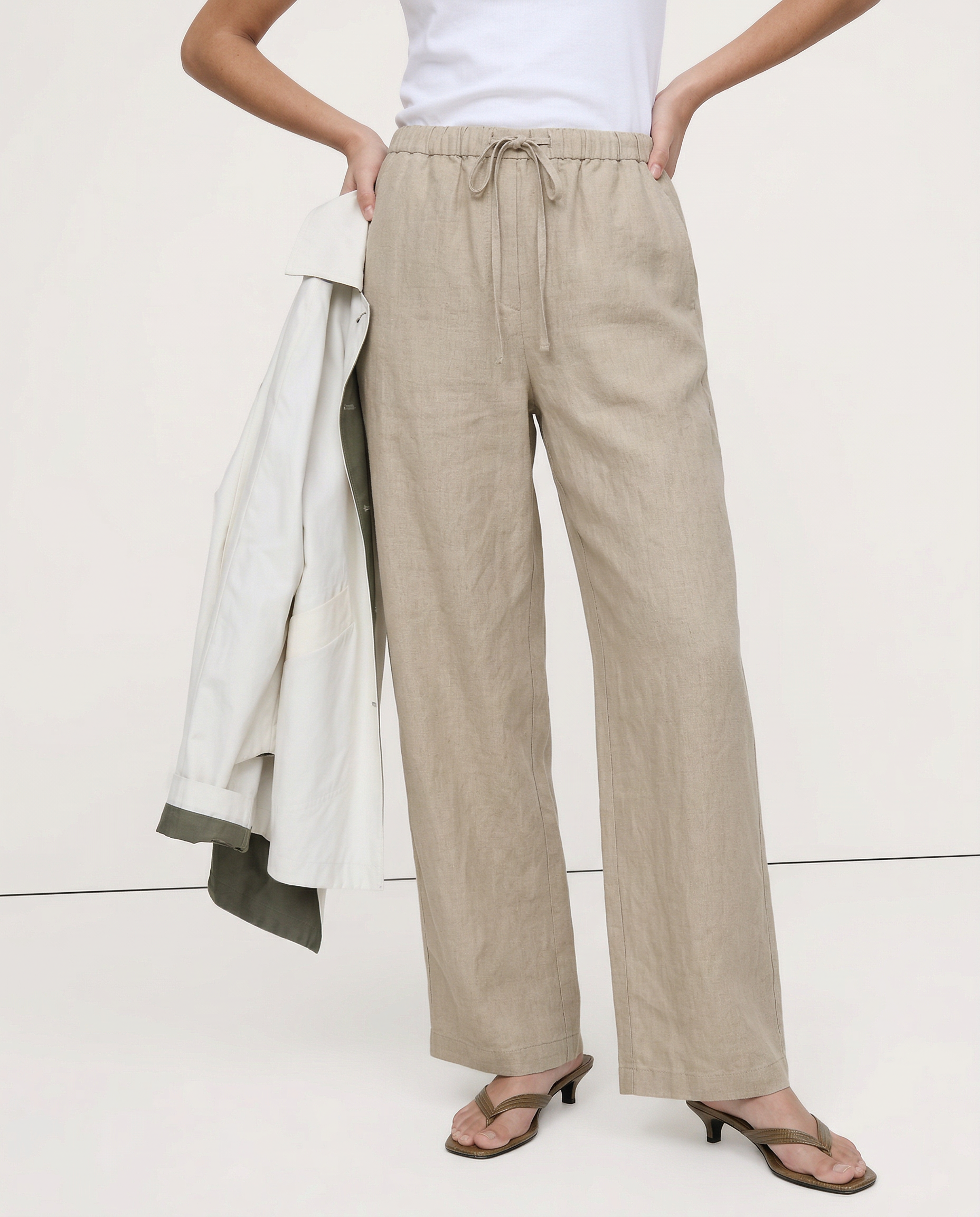 Pantalones de Playa para Mujer de Pierna Ancha en Mezcla de Lino y Algodón
