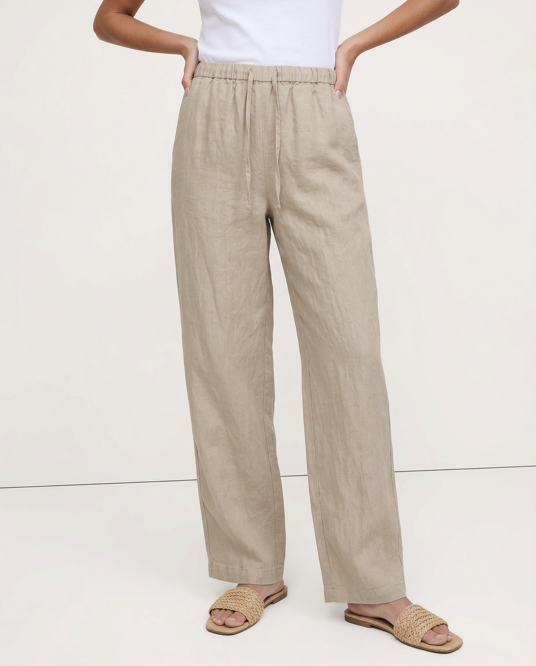 Pantalones de Playa para Mujer de Pierna Ancha en Mezcla de Lino y Algodón