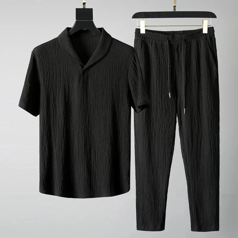 Conjunto Casual de Hombre con Camiseta de Cuello en V y Pantalón de Cintura Elástica