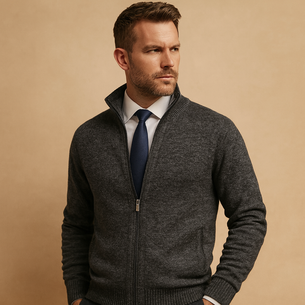 Chaqueta de punto para hombre con forro polar cremallera y cuello alto