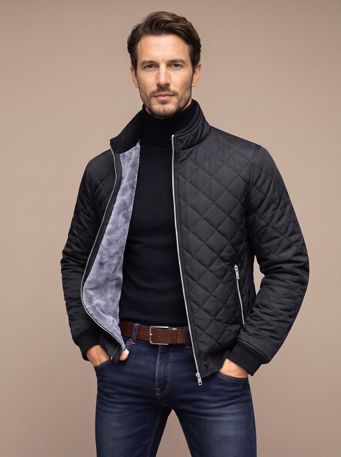 Chaqueta Acolchada de Hombre con Forro Suave y Cuello Alto Estructurado