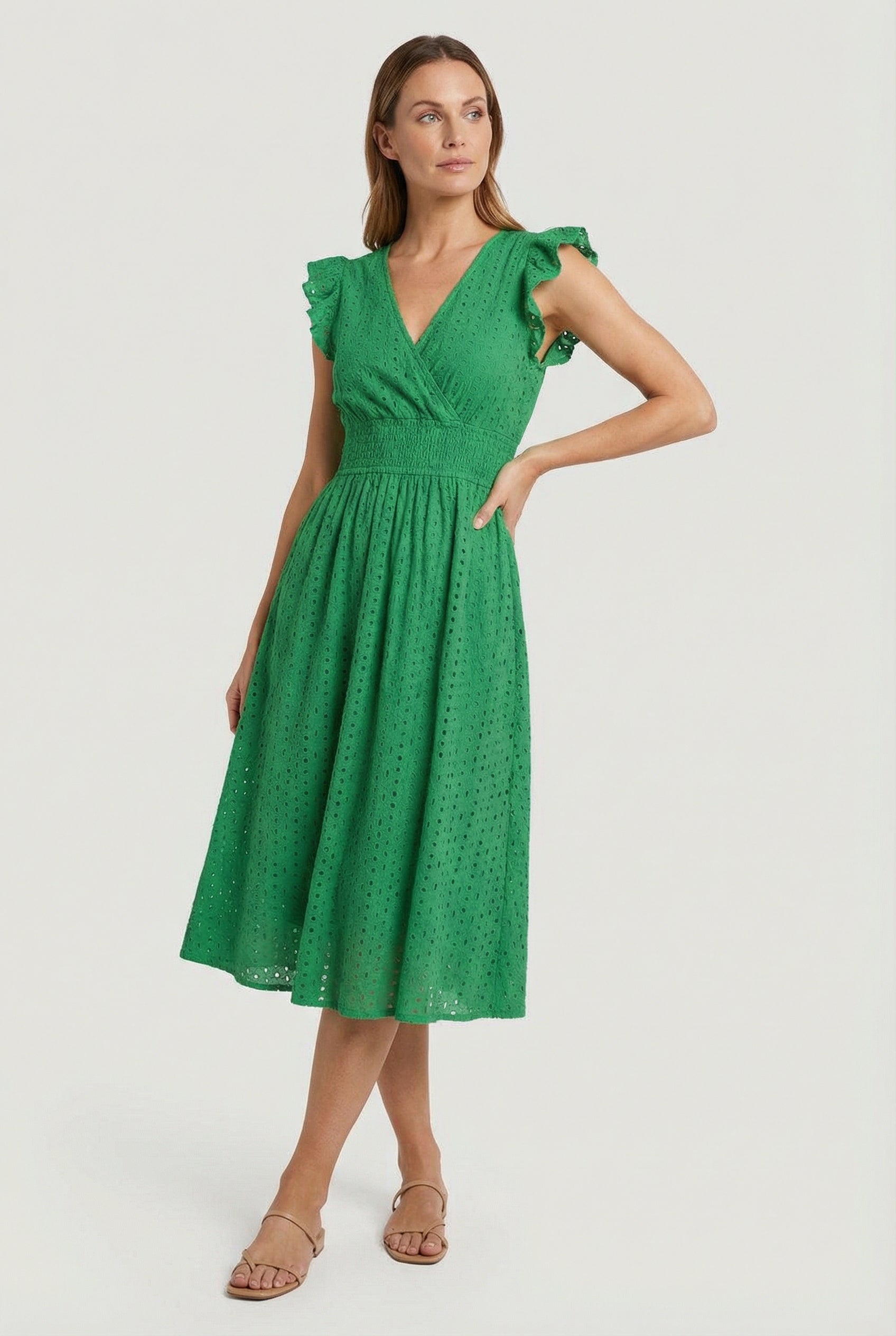 Vestido midi para mujer - corte evasé con cintura elástica fruncida | diario