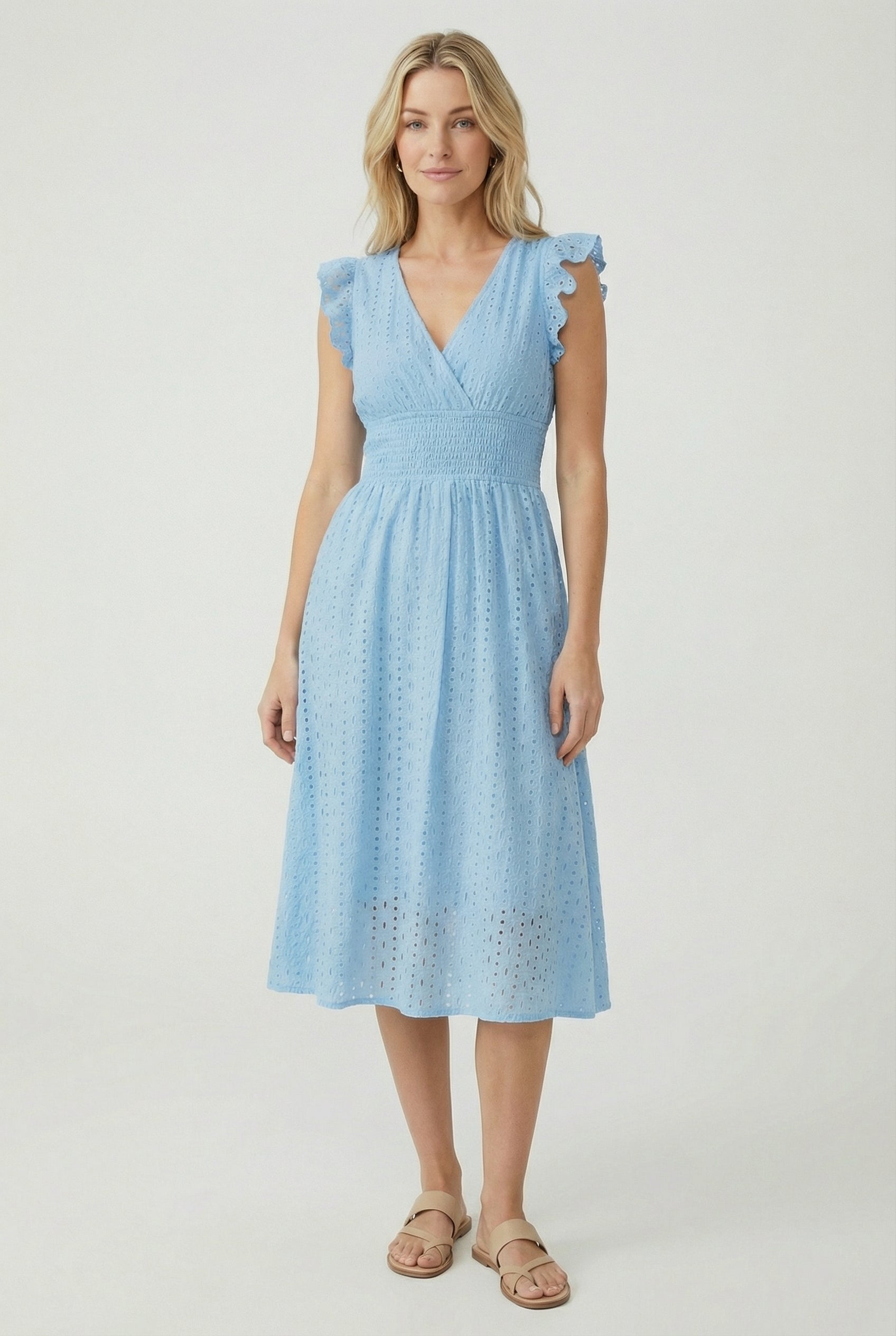 Vestido midi para mujer - corte evasé con cintura elástica fruncida | diario
