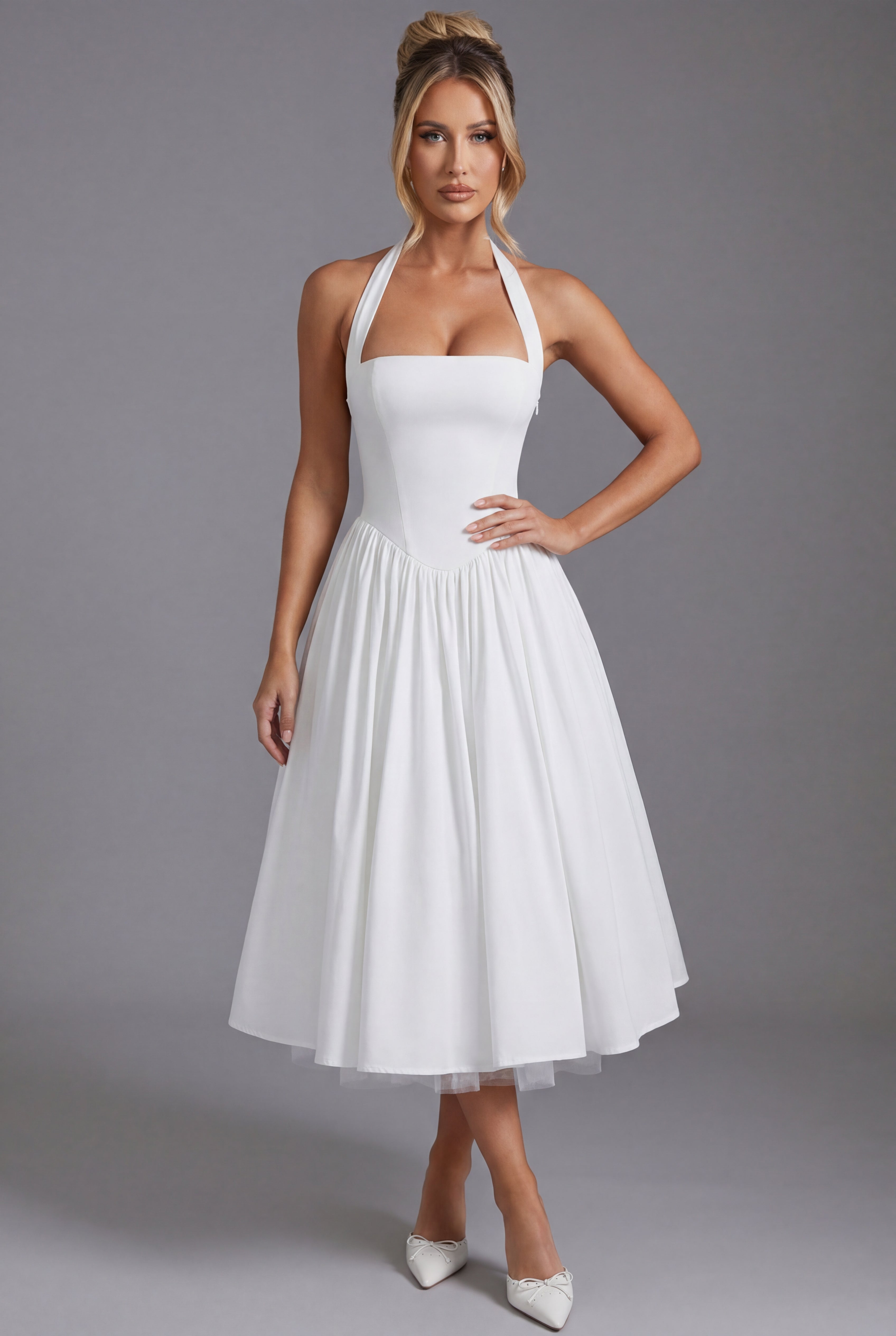Vestido Midi de Fiesta para Mujer con Cuello Halter y Falda de Línea A