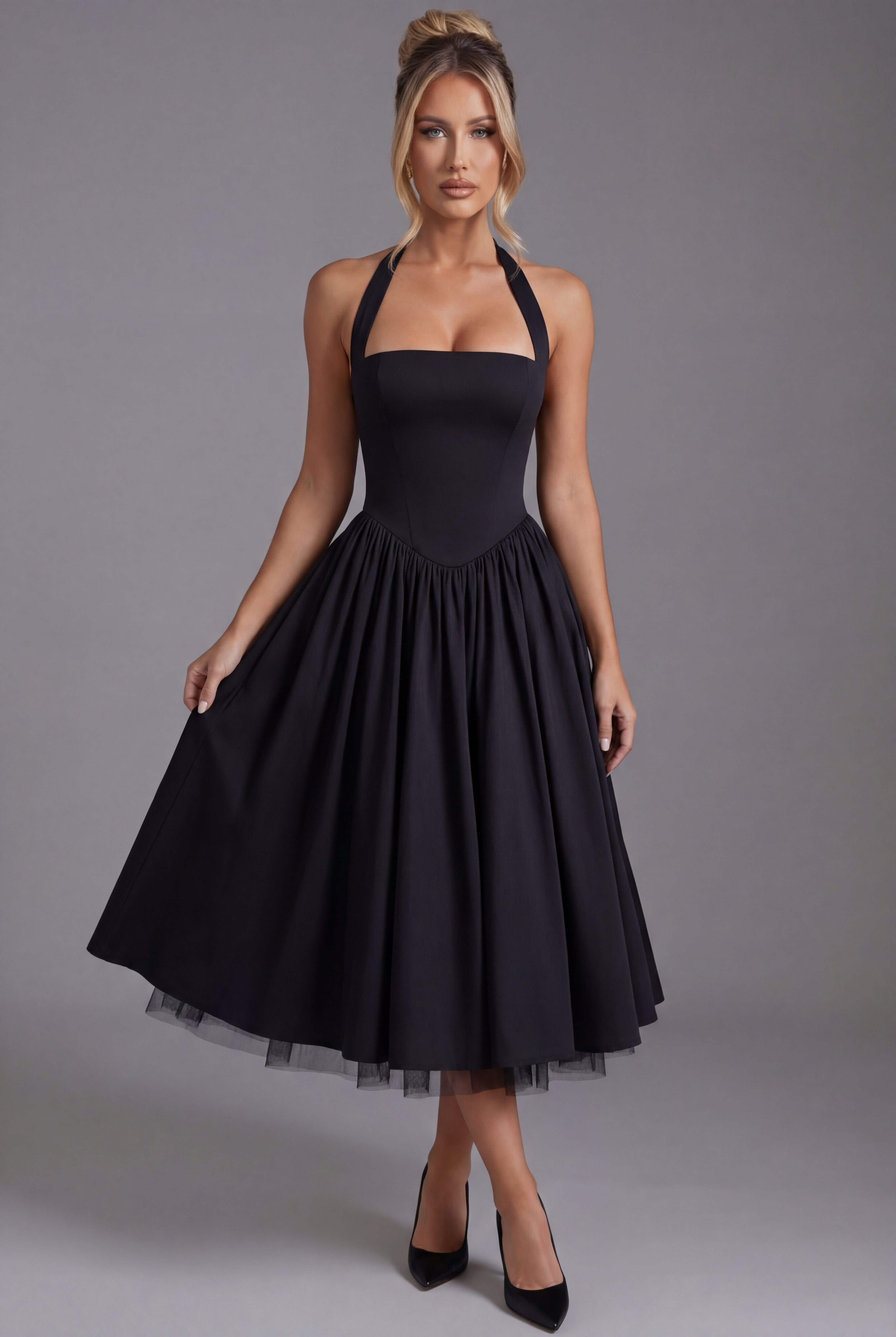 Vestido Midi de Fiesta para Mujer con Cuello Halter y Falda de Línea A