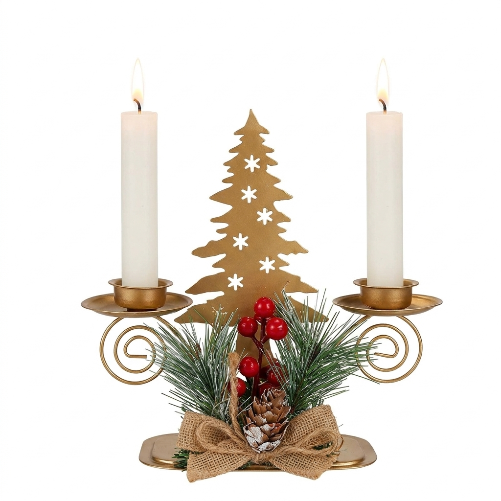 Set de 3 Candelabros de Hierro para Velas Cónicas con Adornos de Pino y Bayas