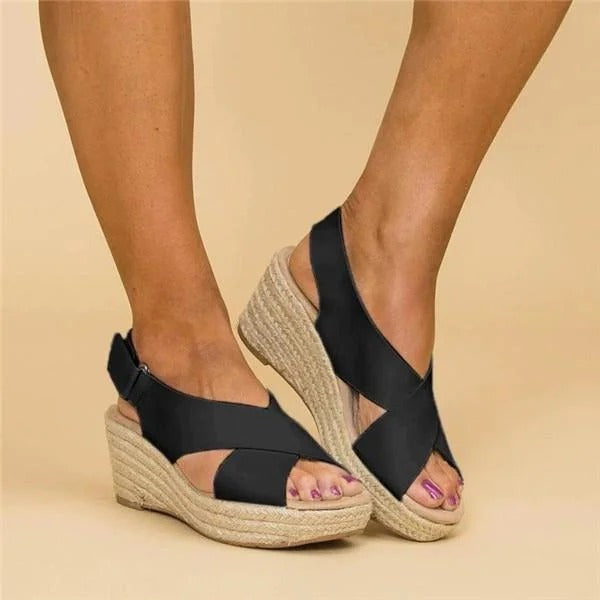 Sandalias de Cuero con Cuña Tipo Alpargata y Tiras Cruzadas para Mujer