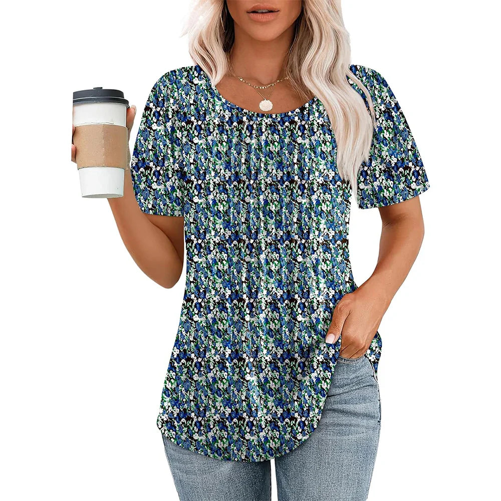 Camiseta de Manga Corta con Pliegues y Cuello Redondo para Mujer
