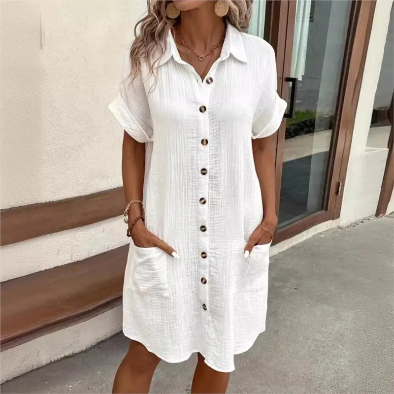Vestido Camisero de Lino y Algodón con Botones y Bolsillos para Mujer