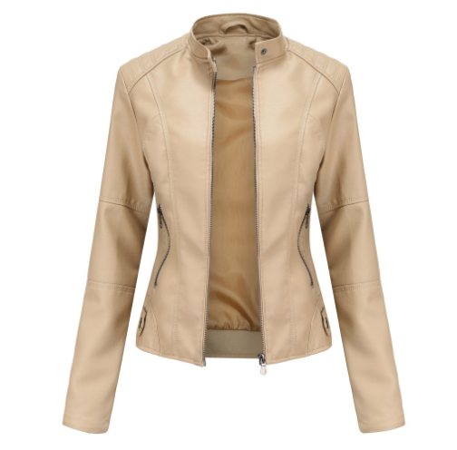 Chaqueta biker de cuero sintético para mujer con cremallera y cuello de solapa