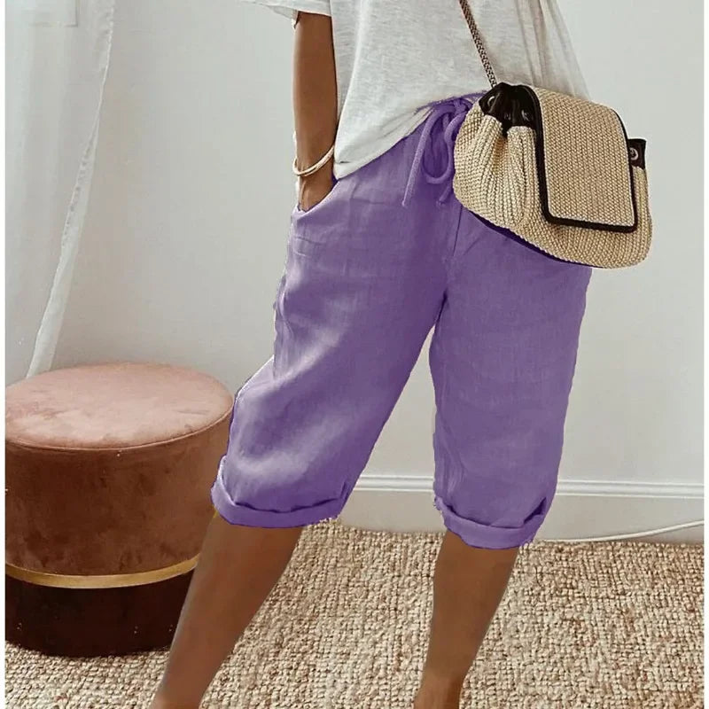 Pantalones Cortos de Lino y Algodón con Cintura Elástica y Bolsillos para Mujer