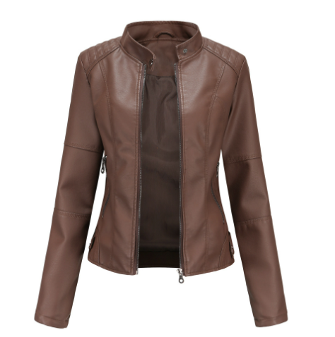 Chaqueta biker de cuero sintético para mujer con cremallera y cuello de solapa