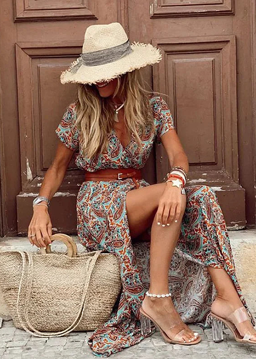 Vestido Largo Bohemio con Estampado Floral Cuello en V y Cinturón para Mujer