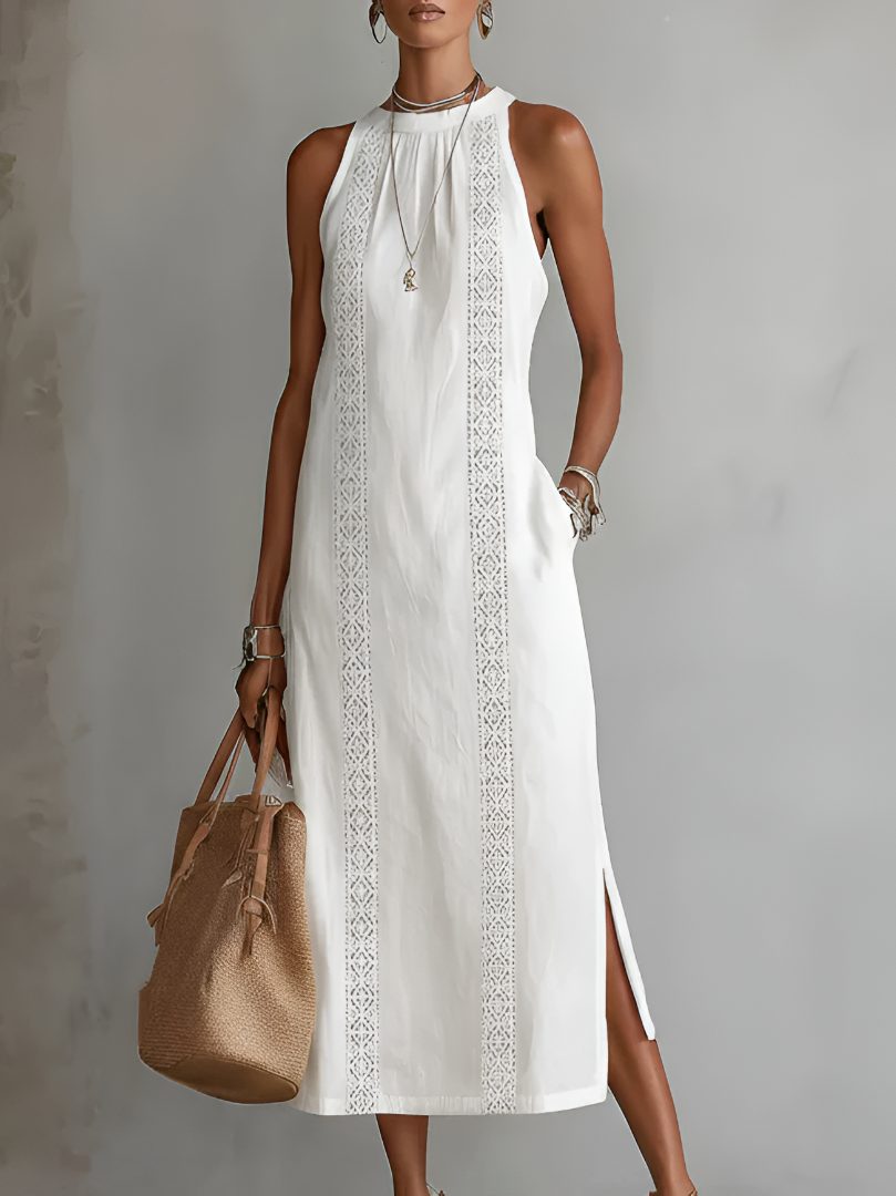 Vestido midi para mujer - mezcla de algodón y lino con cuello mao paseo