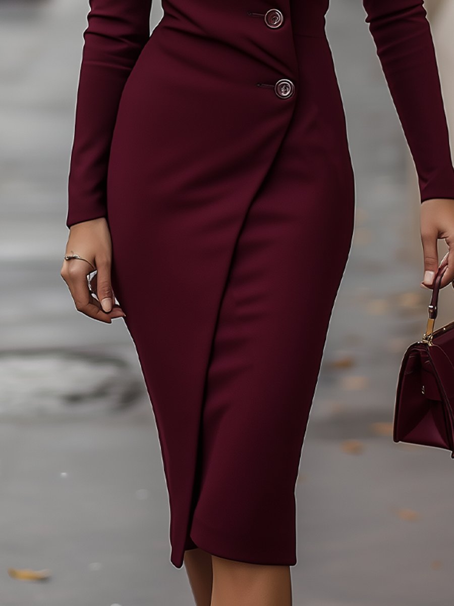 Vestido Blazer de Manga Larga con Cuello en V y Botones para Oficina para Mujer