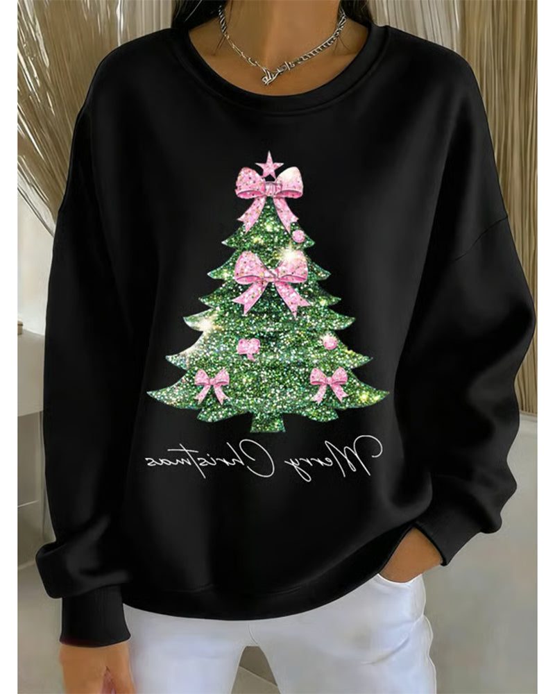 Sudadera de Mujer Oversize con Cuello Redondo y Diseño Brillante de Árbol