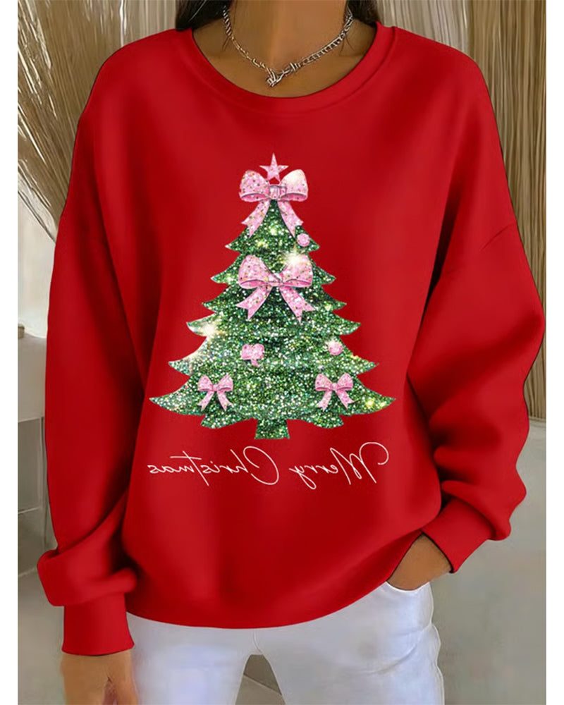 Sudadera de Mujer Oversize con Cuello Redondo y Diseño Brillante de Árbol